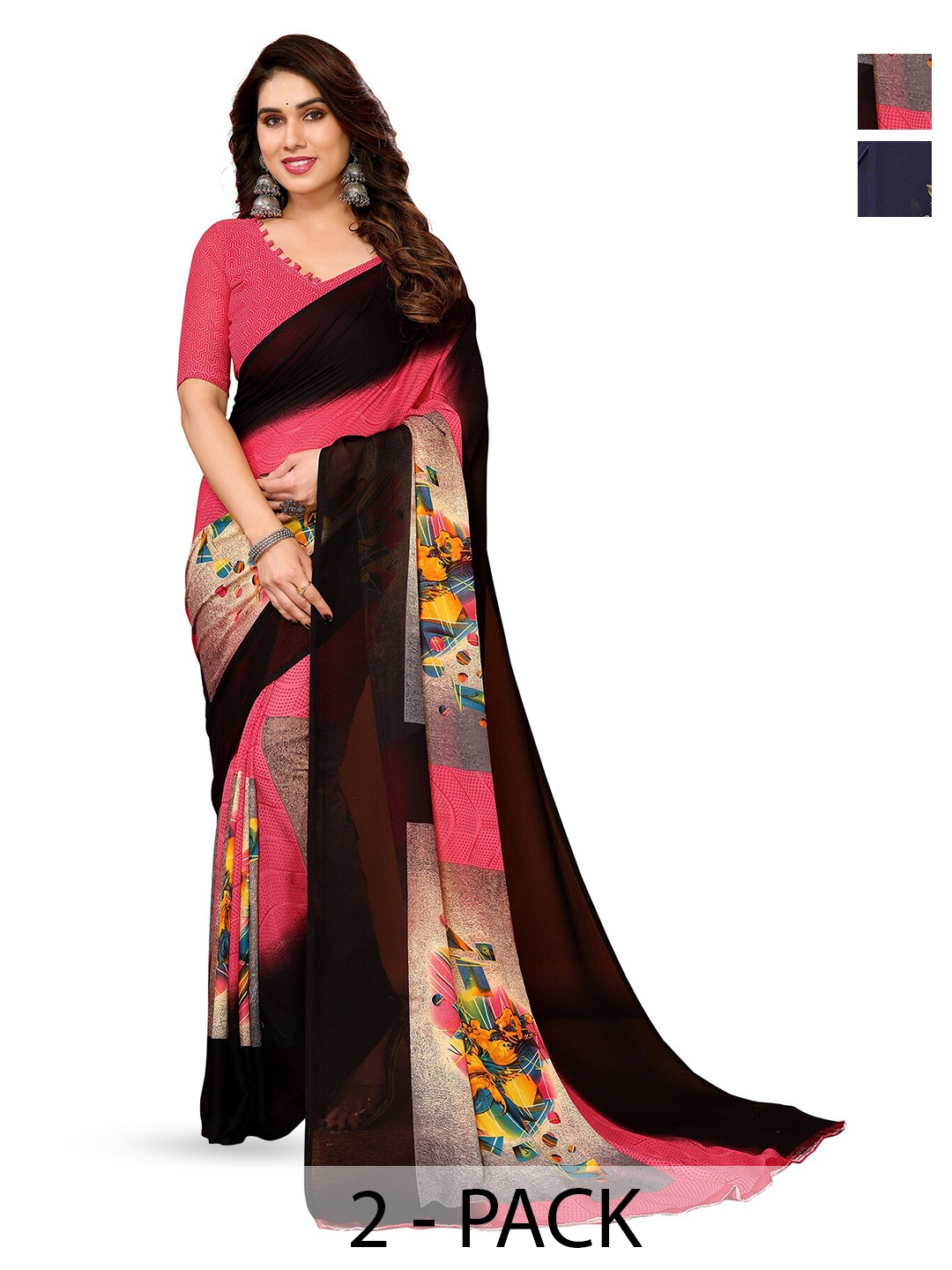 

ANAND SAREES Selection Of 2 Floral Printed Saree, Pink