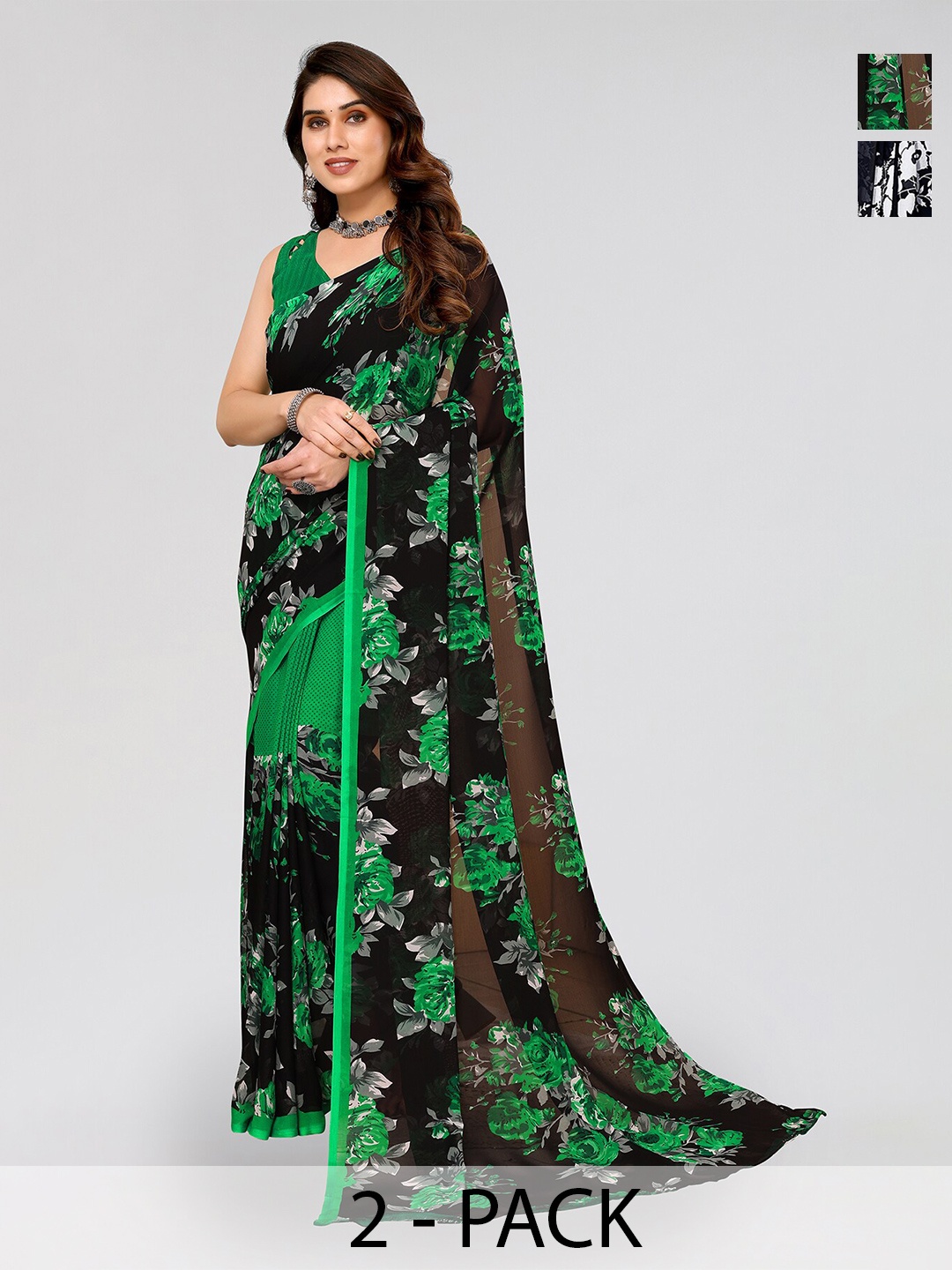 

ANAND SAREES Selection Of 2 Floral Printed Saree, Black