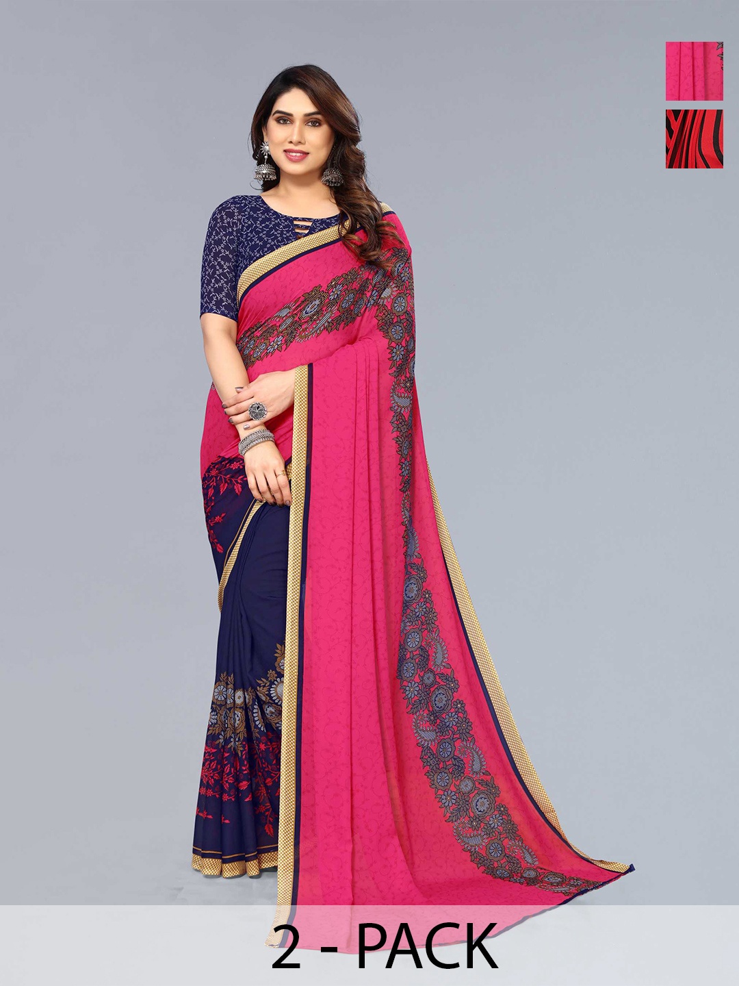 

ANAND SAREES Selection Of 2 Floral Printed Saree, Pink