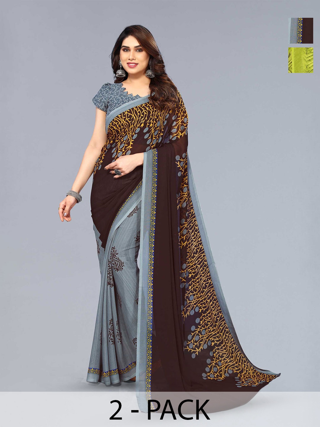 

ANAND SAREES Selection of 2 Floral Printed Half & Half Sarees, Black