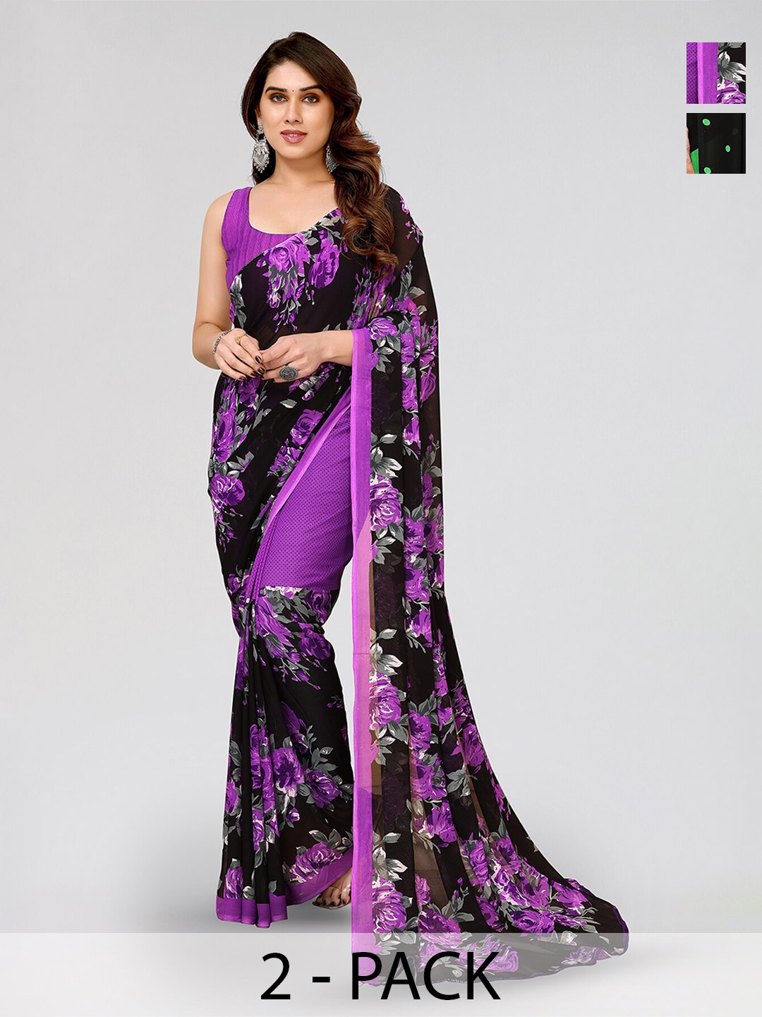 

ANAND SAREES Selection Of 2 Floral Printed Sarees, Black