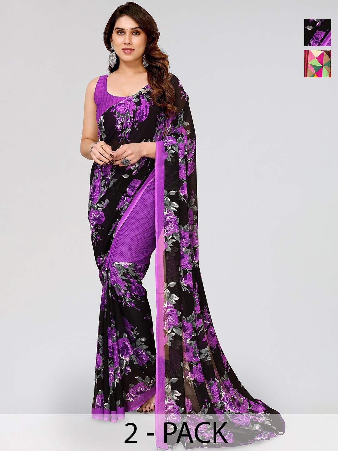 

ANAND SAREES Selection Of 2 Floral Printed Georgette Saree, Purple