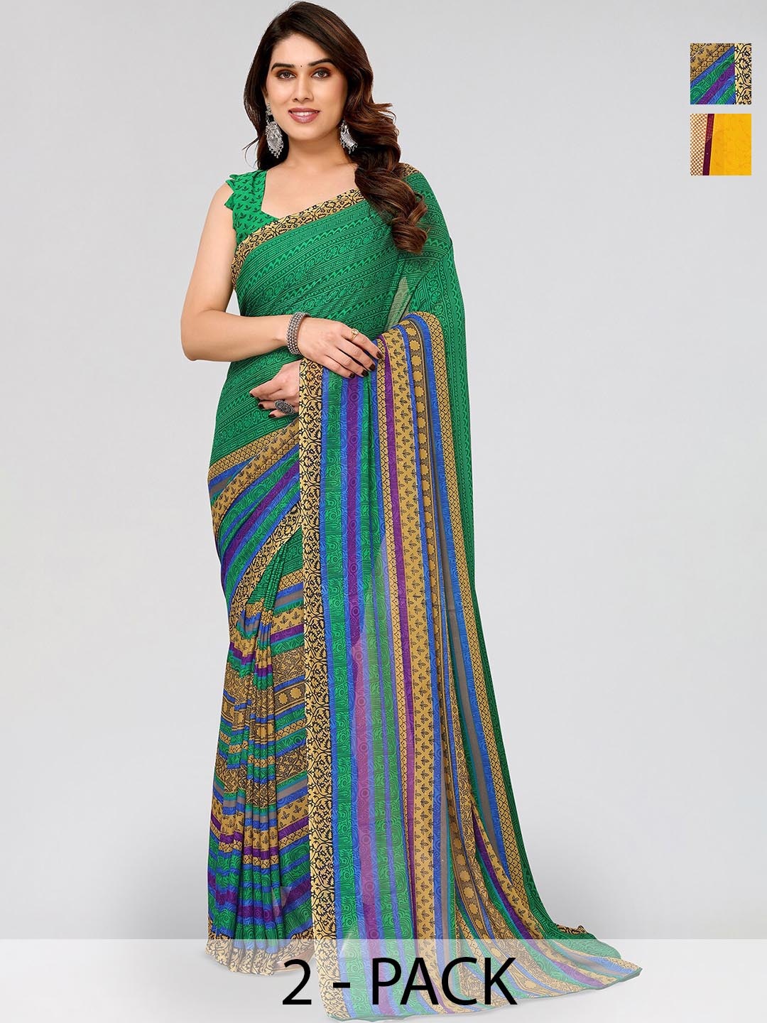 

ANAND SAREES Selection Of 2 Floral Printed Saree, Green