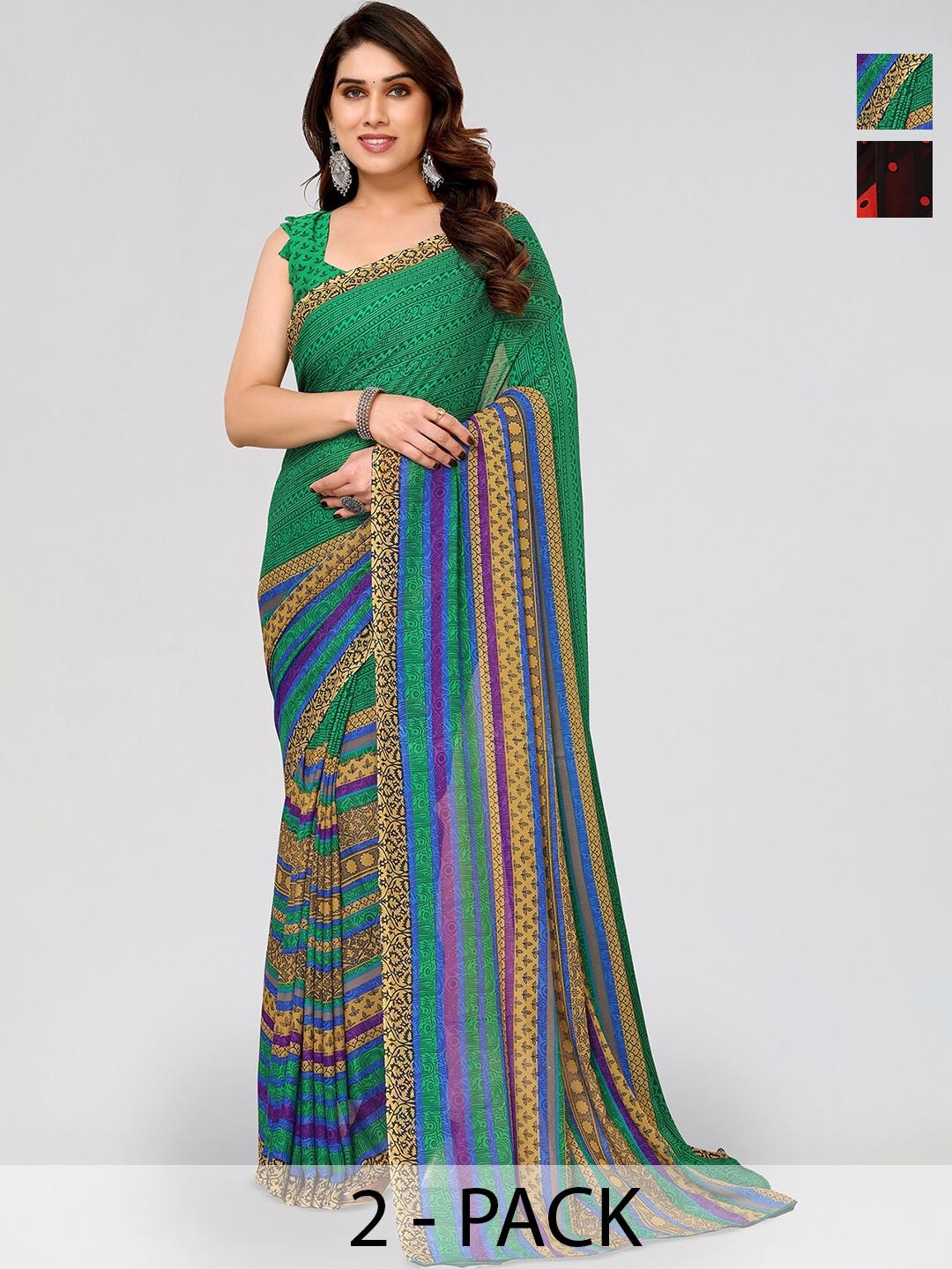 

ANAND SAREES Selection Of 2 Striped Sarees, Black