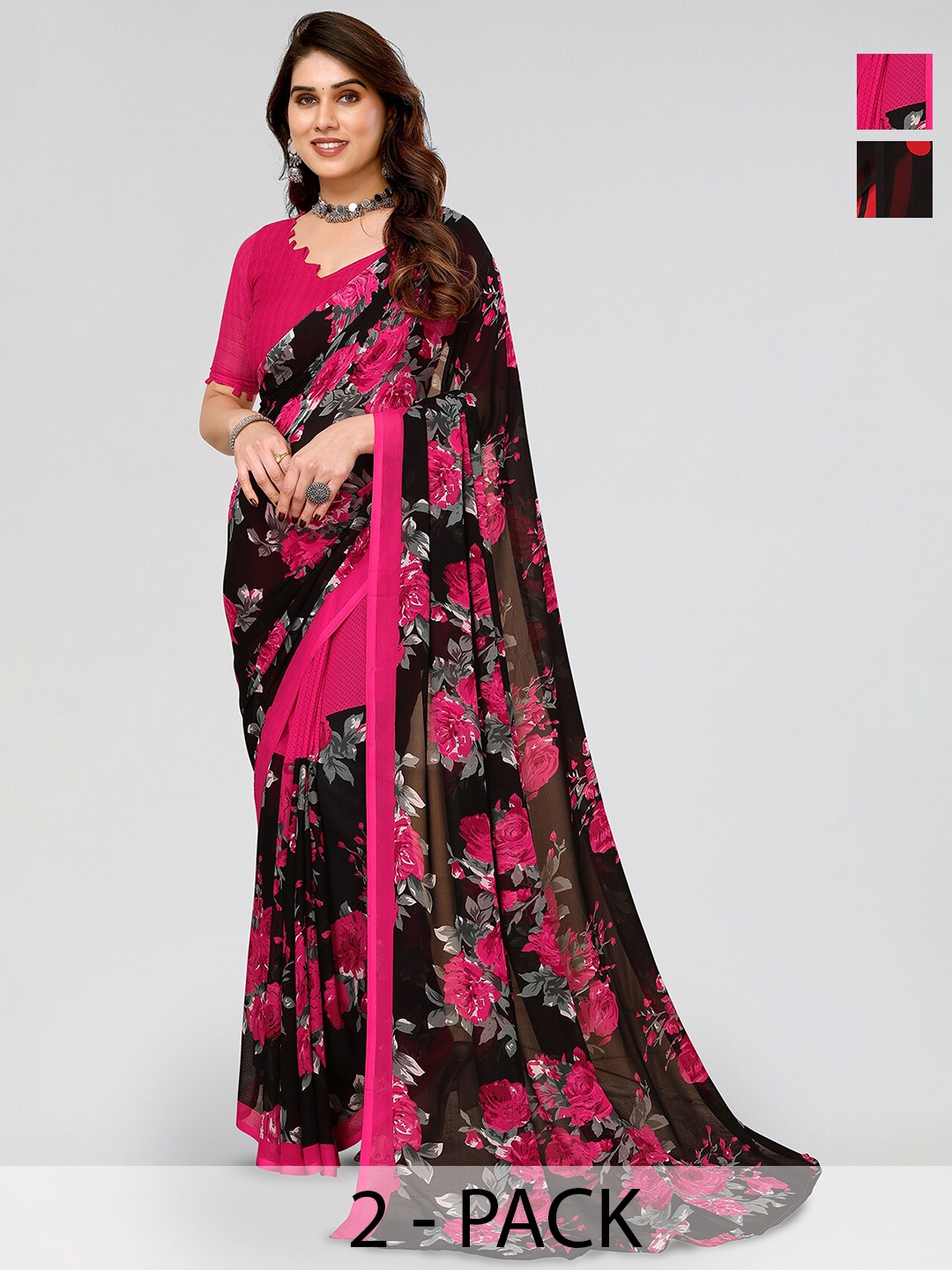 

ANAND SAREES Selection Of 2 Floral Printed Sarees, Black
