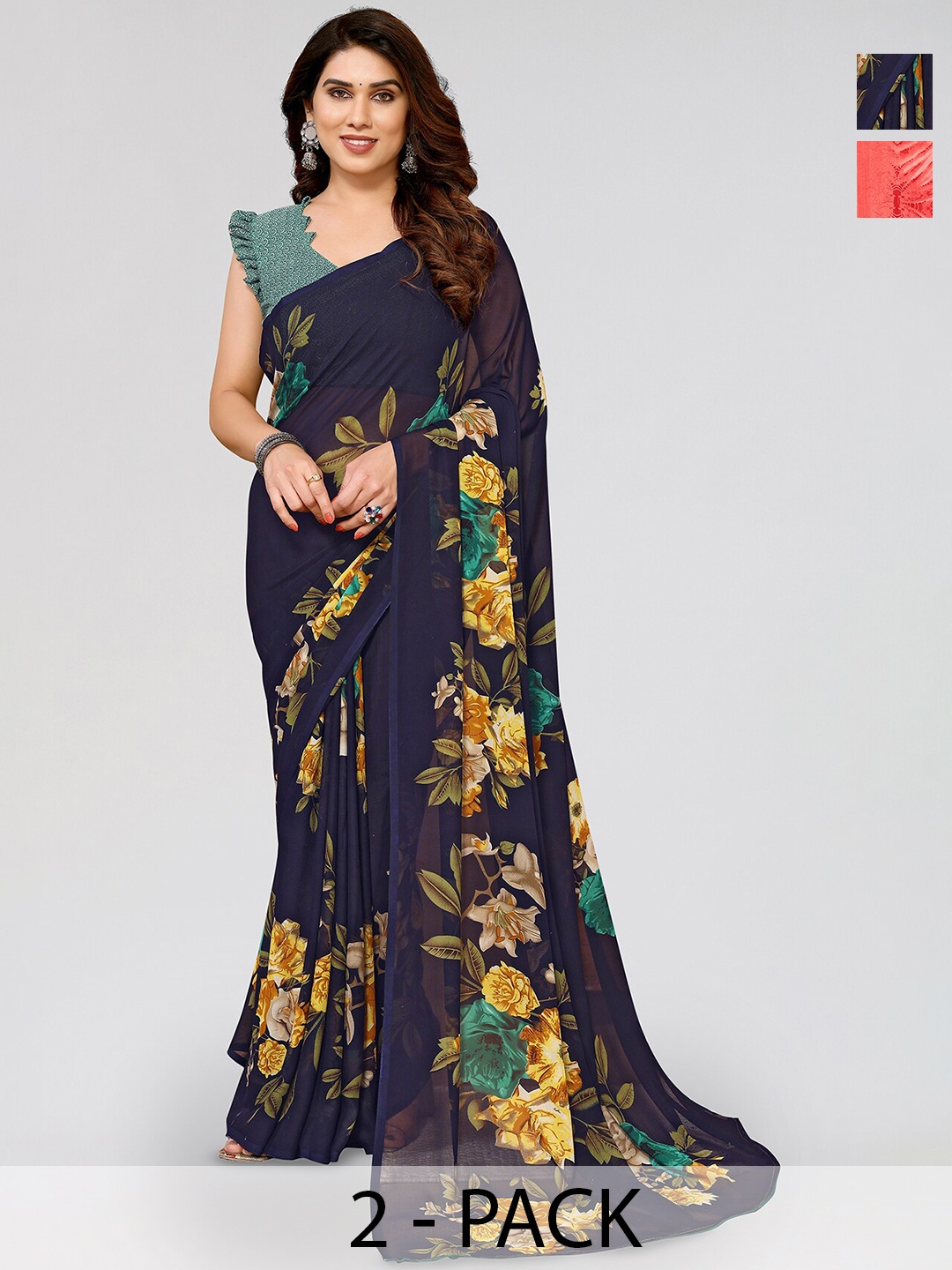 

ANAND SAREES Selection Of 2 Floral Printed Sarees, Navy blue