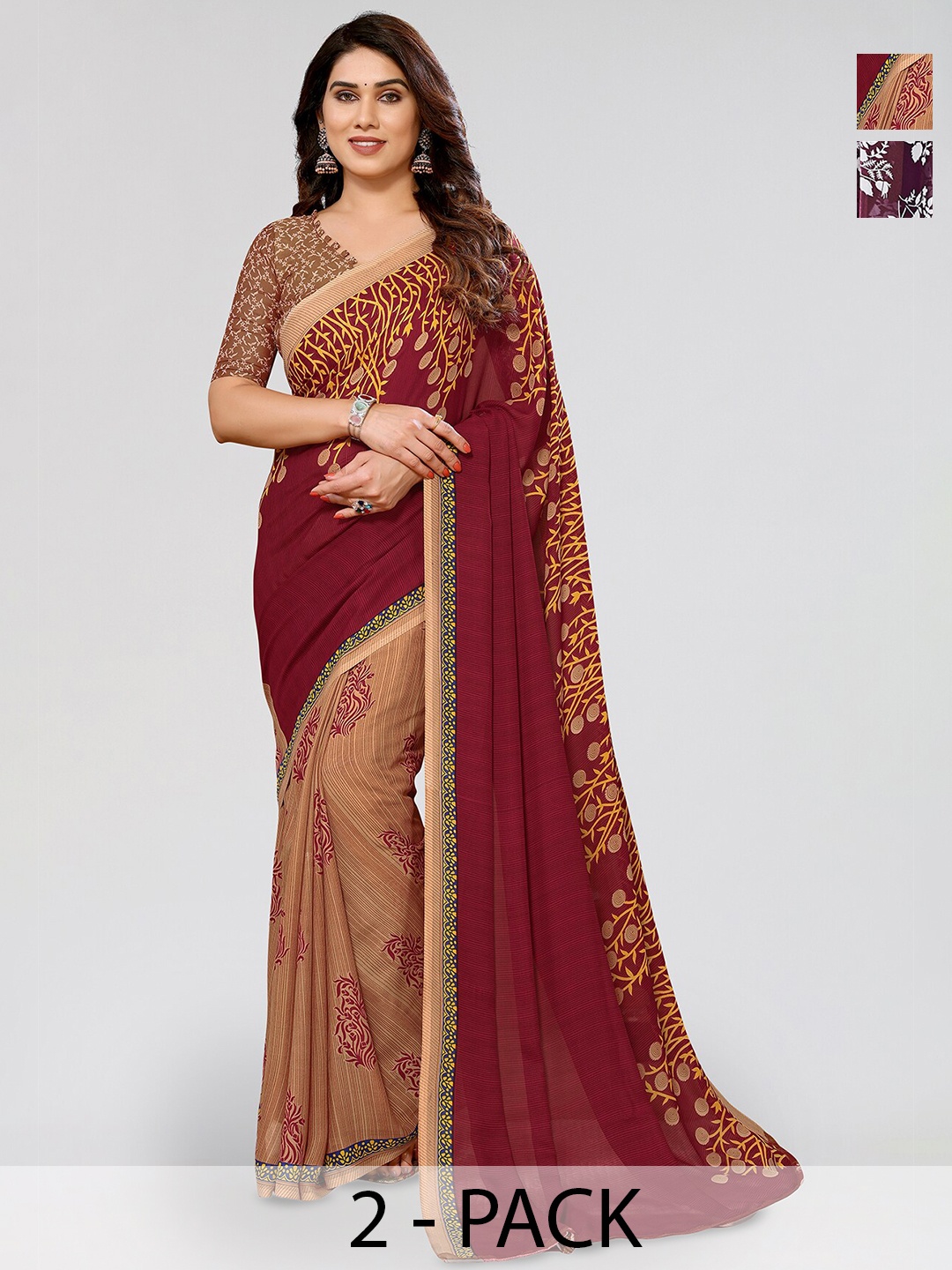 

ANAND SAREES Selection Of 2 Floral Printed Sarees, Maroon