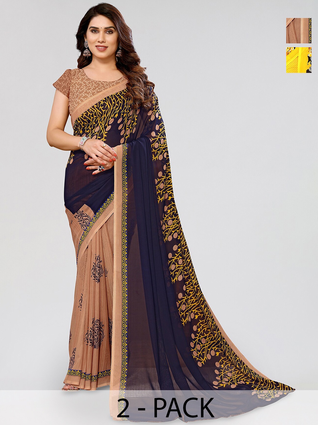 

ANAND SAREES Selection of 2 Floral Printed Sarees, Yellow
