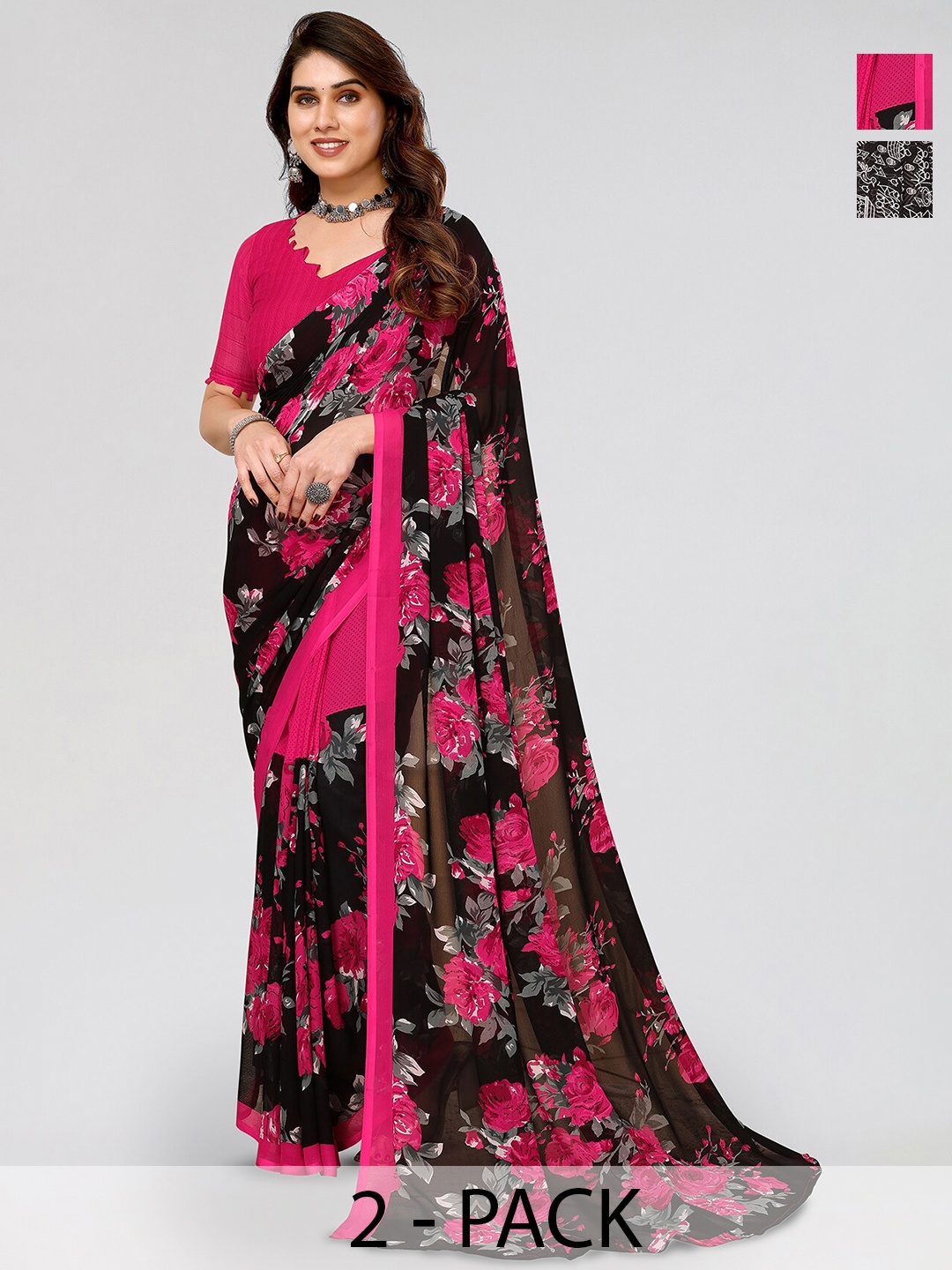 

ANAND SAREES Selection of 2 Warli Printed Sarees, Black