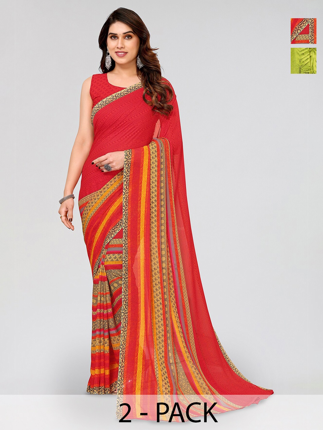 

ANAND SAREES Selection Of 2 Floral Printed Georgette Saree, Green