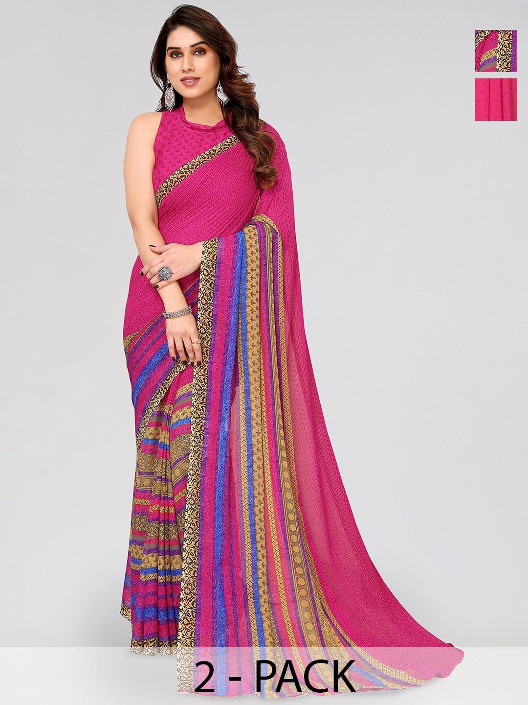 

ANAND SAREES Selection of 2 Floral Printed Sarees, Blue
