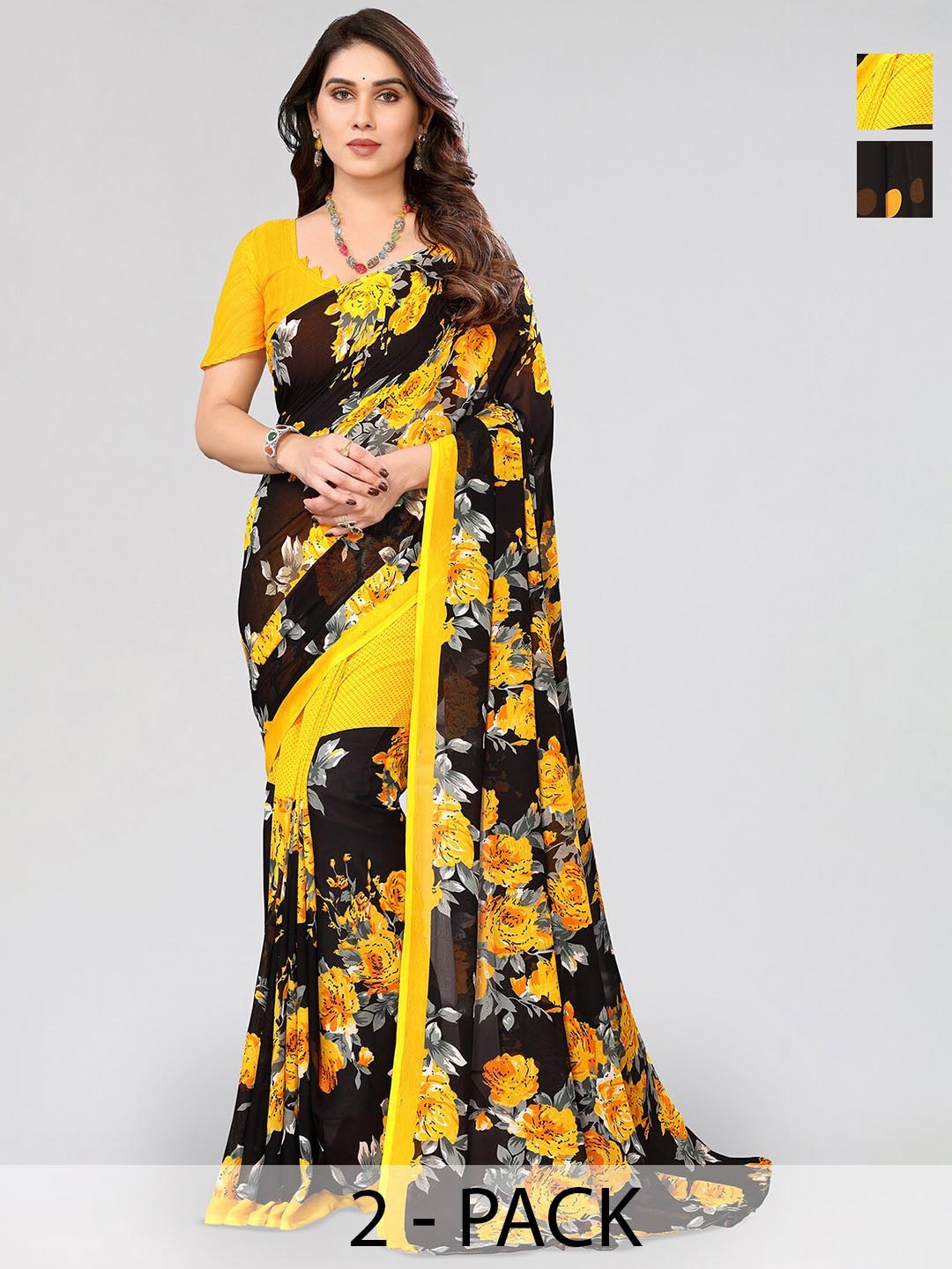 

ANAND SAREES Selection of 2 Floral Printed Sarees, Yellow