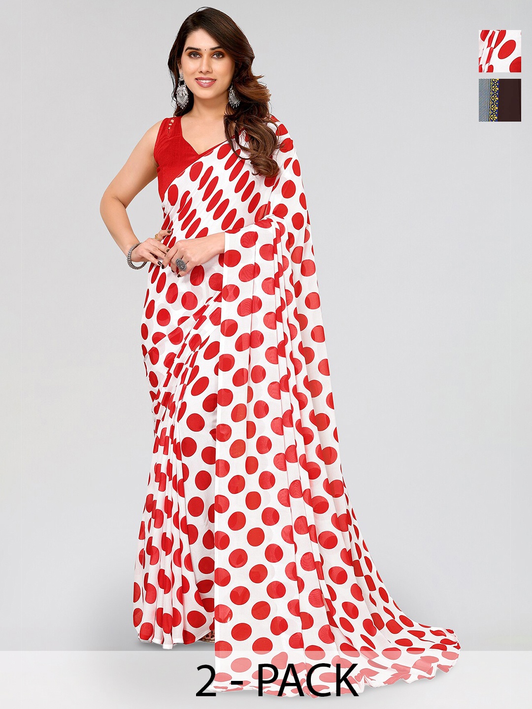 

ANAND SAREES Selection Of 2 Polka Dots Printed Sarees, Red
