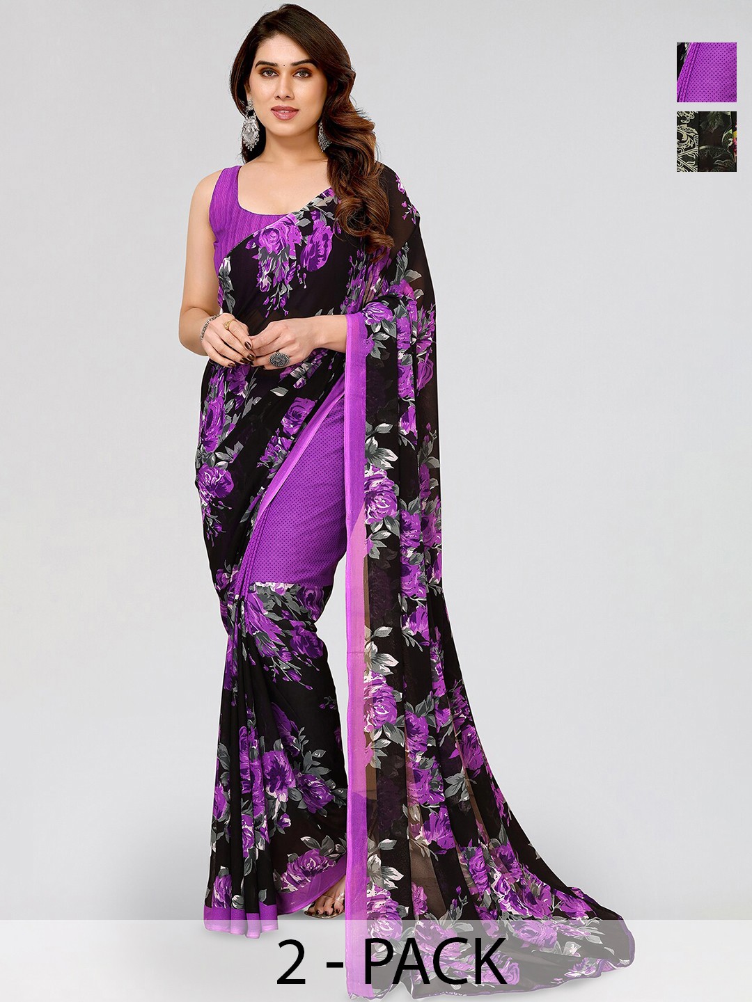 

ANAND SAREES Selection Of 2 Floral Saree, Black
