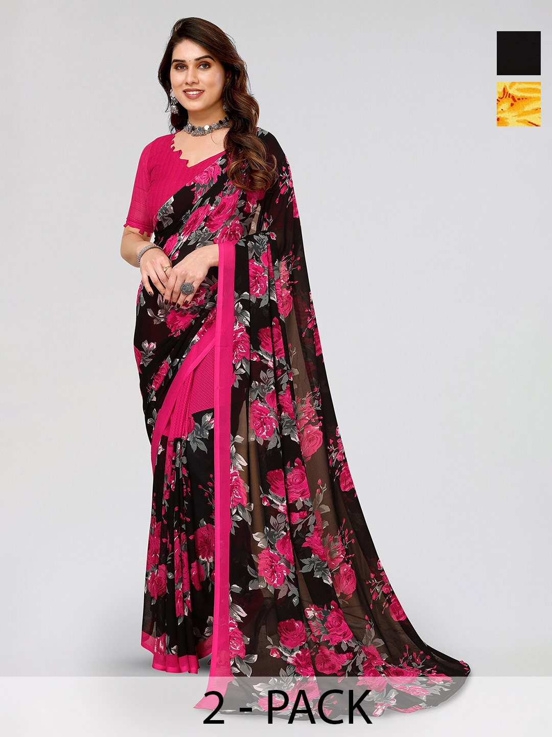 

ANAND SAREES Selection Of 2 Floral Printed Saree, Black