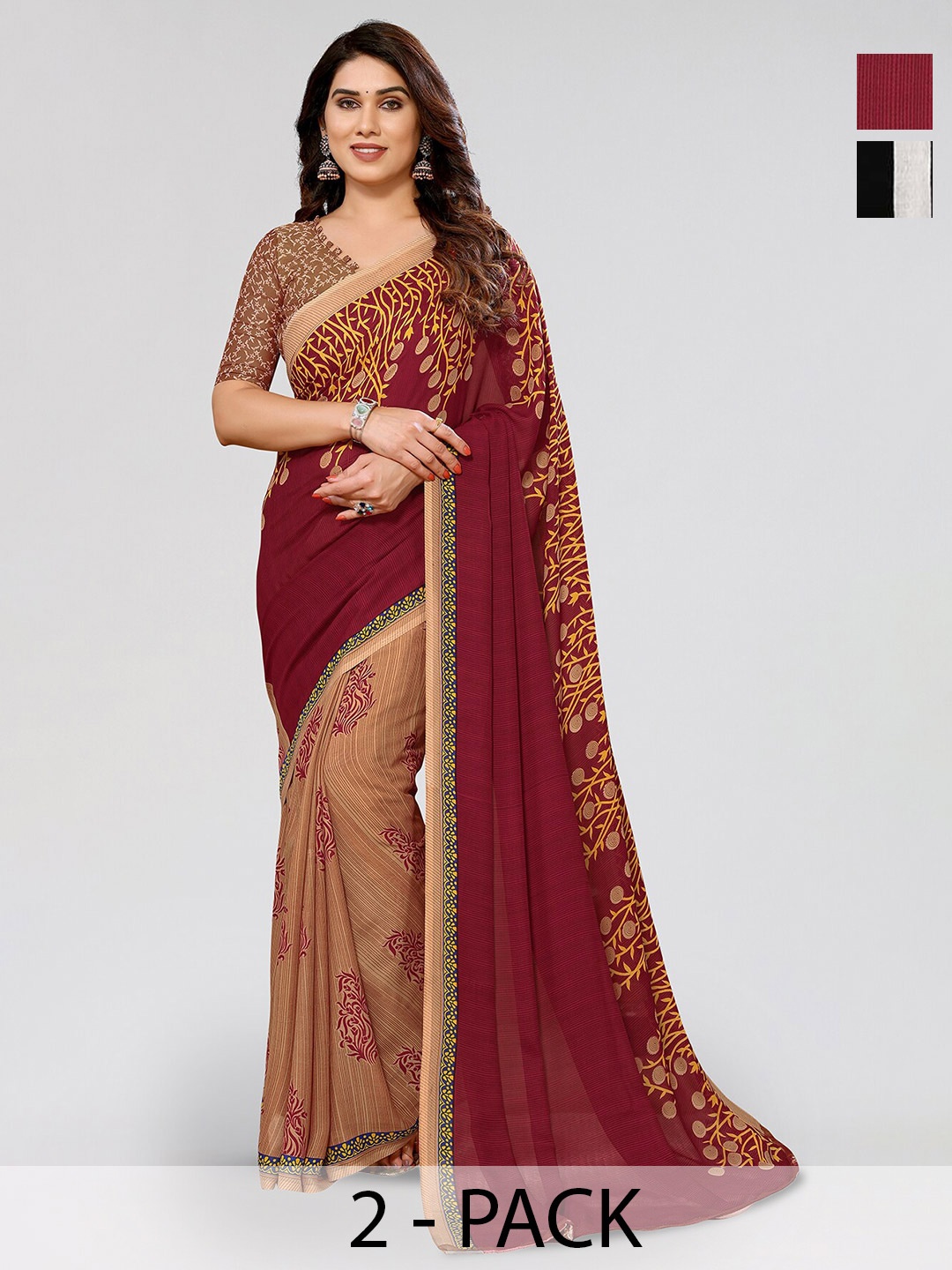 

ANAND SAREES Selection Of 2 Striped Sarees, Black