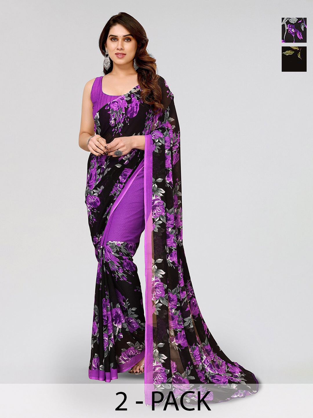 

ANAND SAREES Selection Of 2 Floral Printed Saree, Black