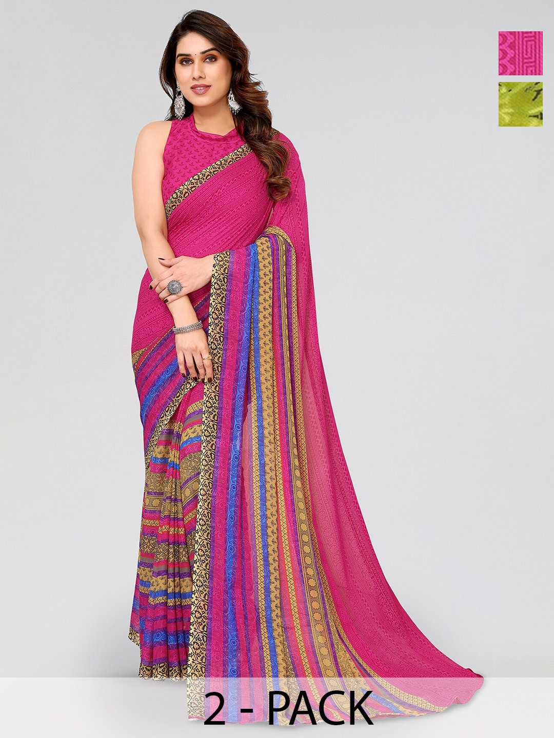 

ANAND SAREES Selection of 2 Striped Printed Saree, Pink