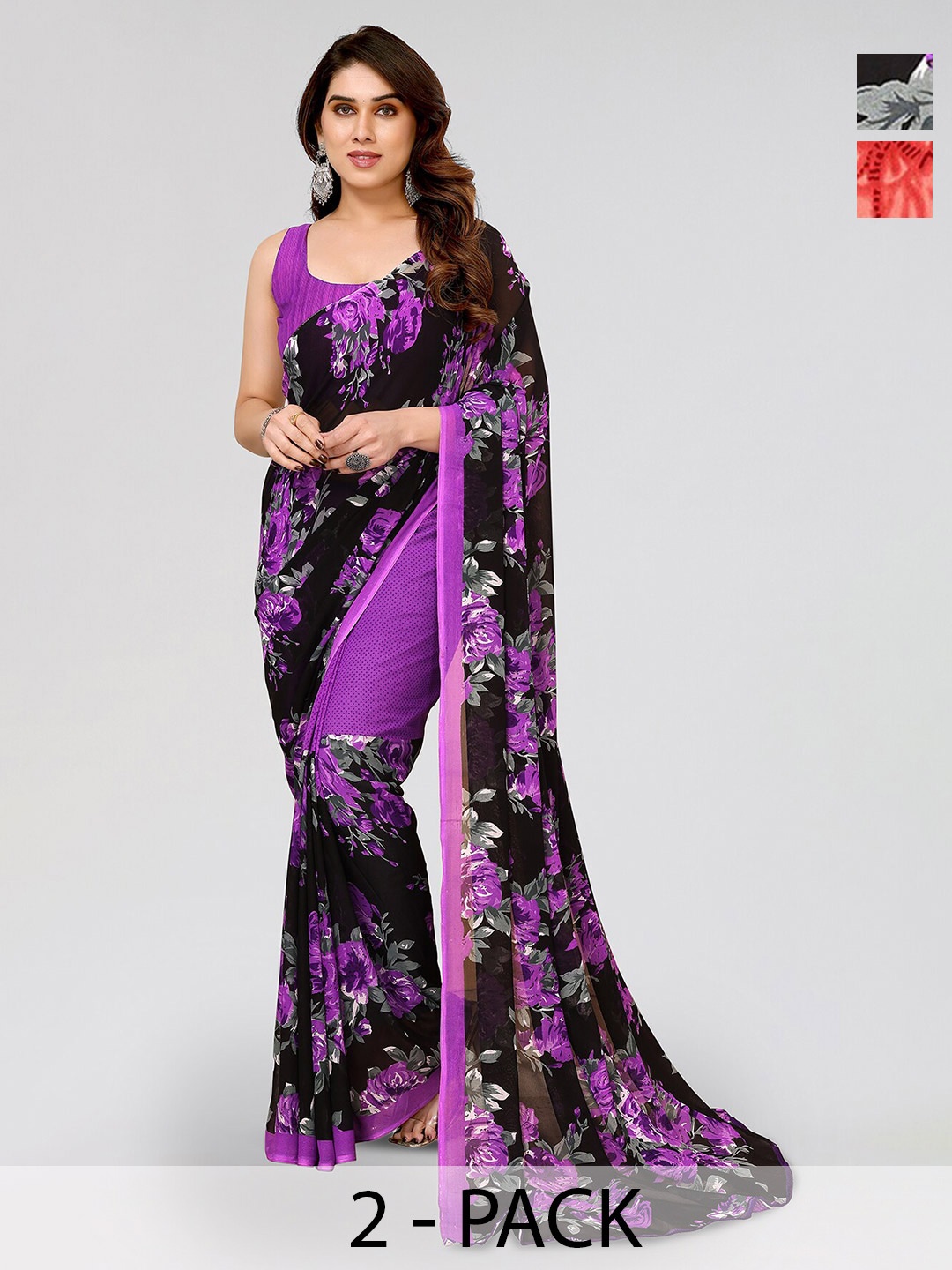 

ANAND SAREES Selection Of 2 Floral Printed Saree, Purple