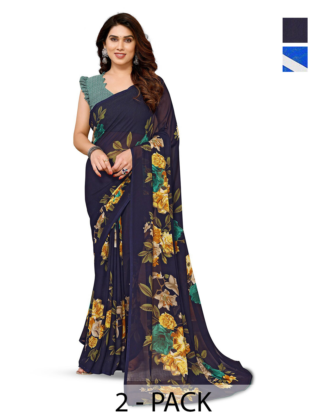 

ANAND SAREES Selection Of 2 Floral Printed Sarees, Blue