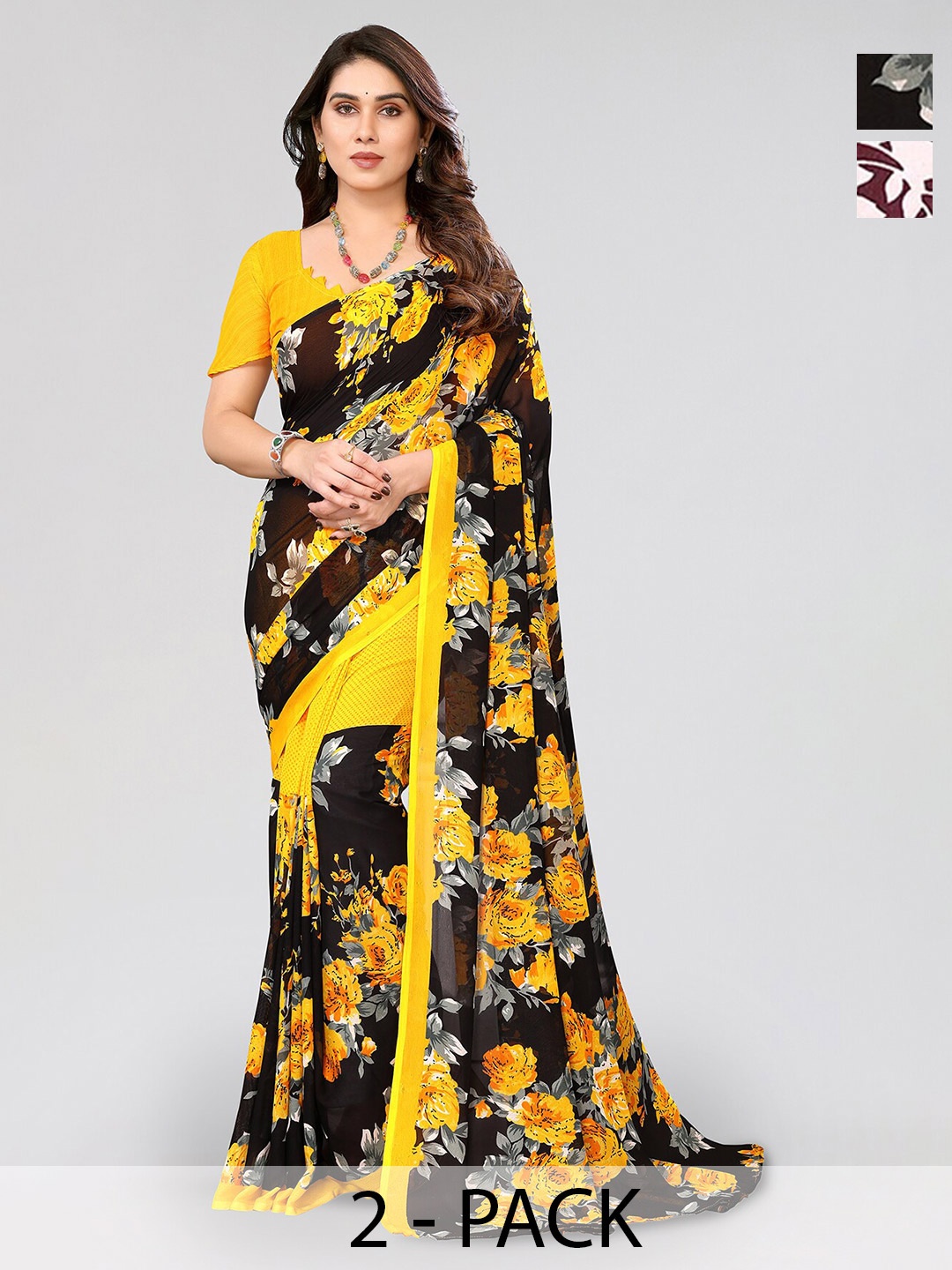 

ANAND SAREES Selection of 2 Floral Printed Saree, Black