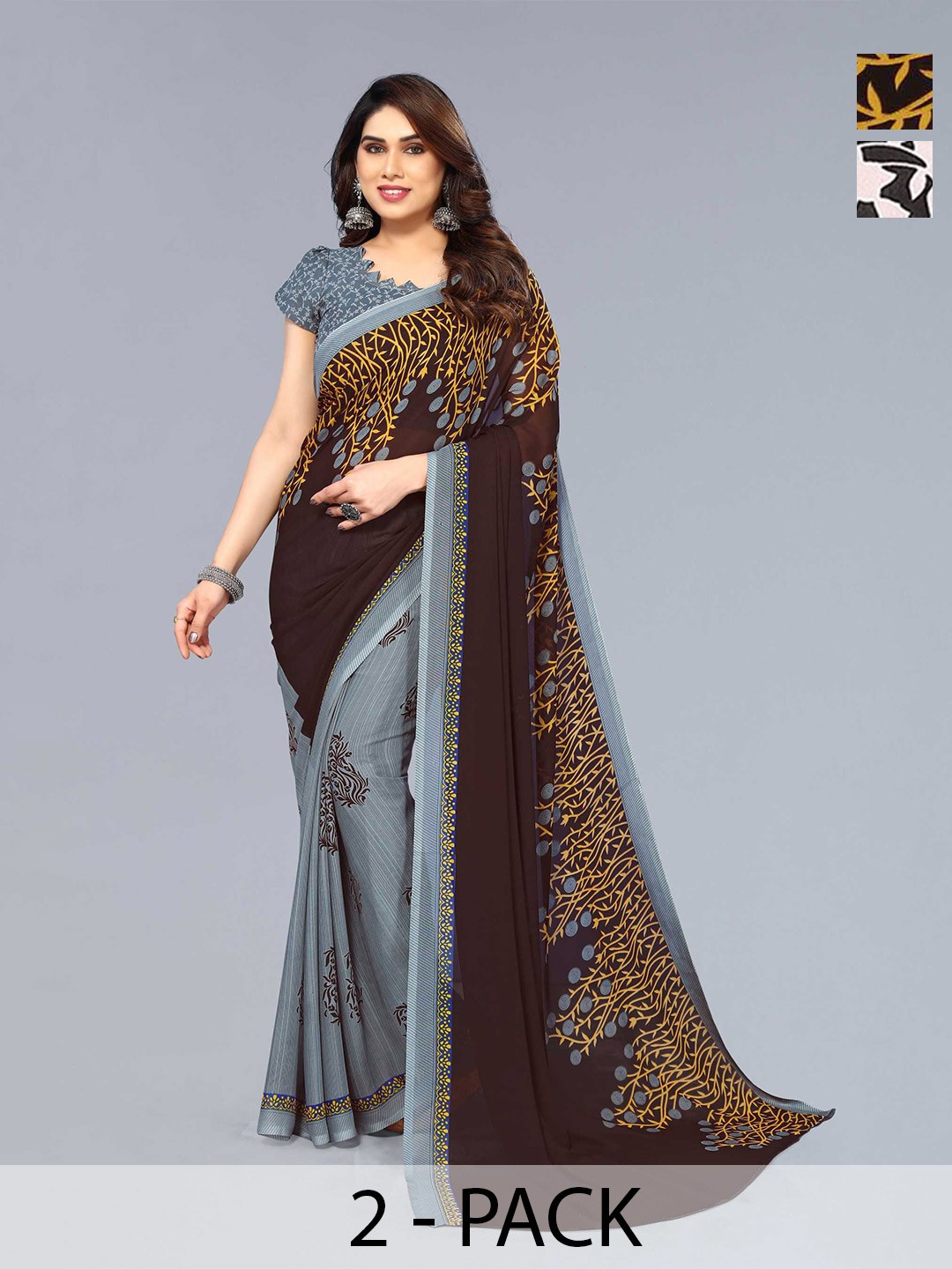 

ANAND SAREES Selection of 2 Floral Printed Sarees, Black
