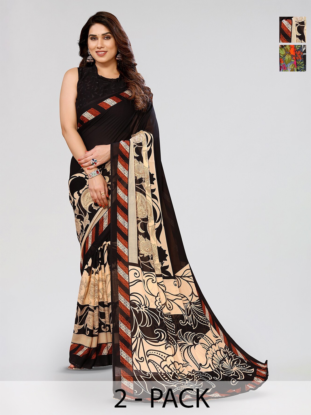

ANAND SAREES Selection Of 2 Floral Printed Sarees, Cream
