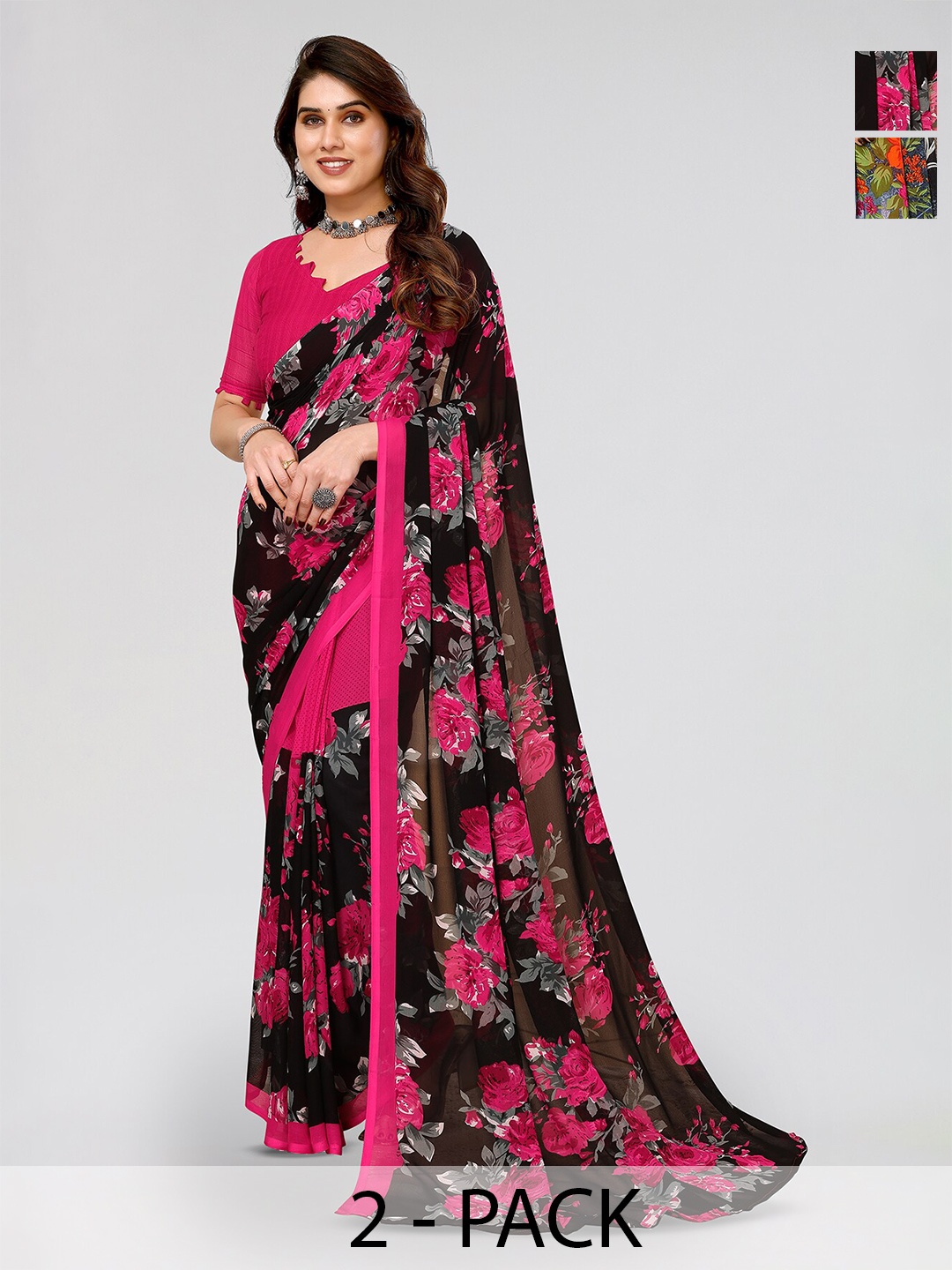 

ANAND SAREES Selection Of 2 Floral Printed Saree, Black