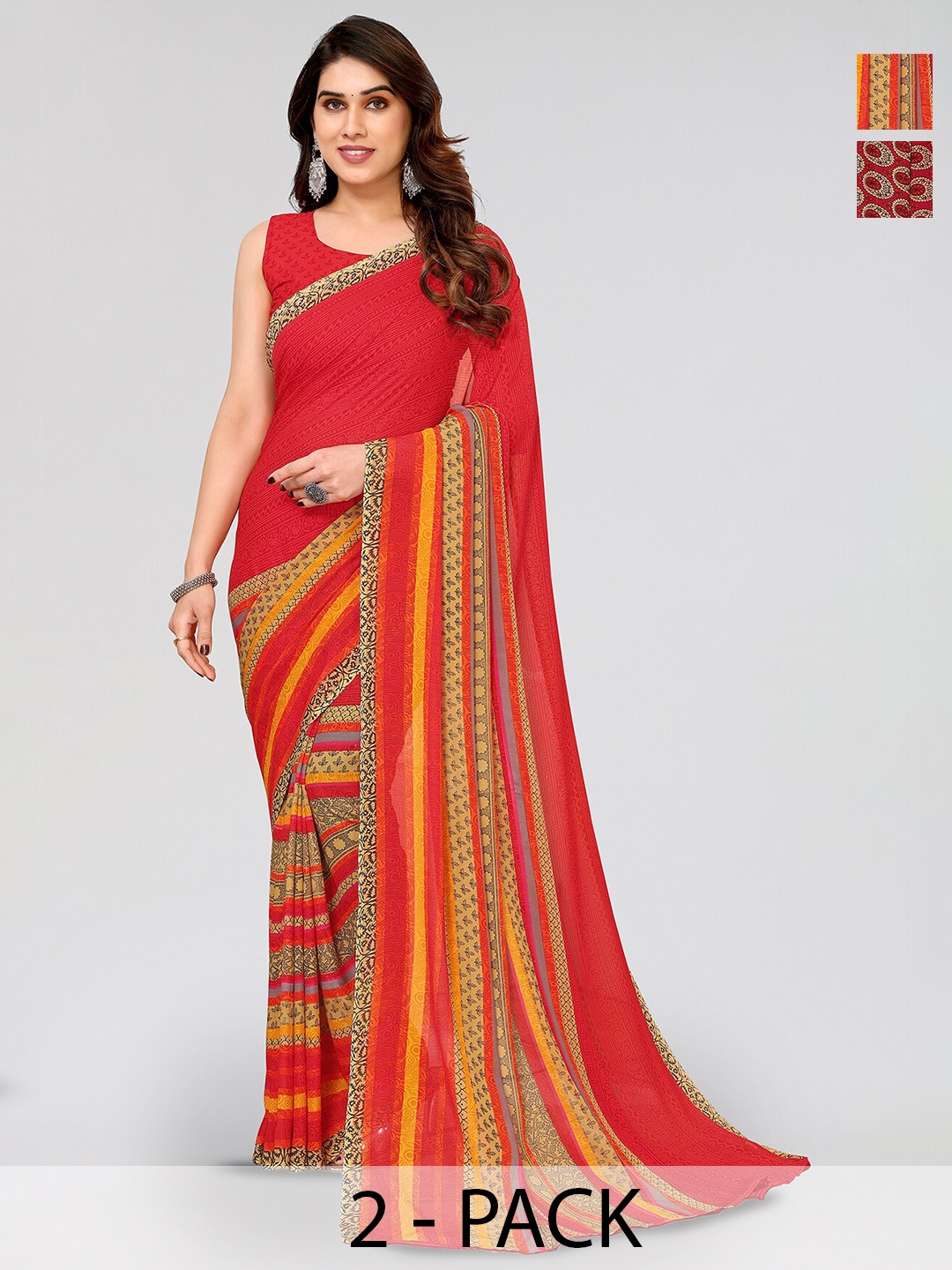 

ANAND SAREES Selection Of 2 Ethnic Motifs Georgette Saree, Red