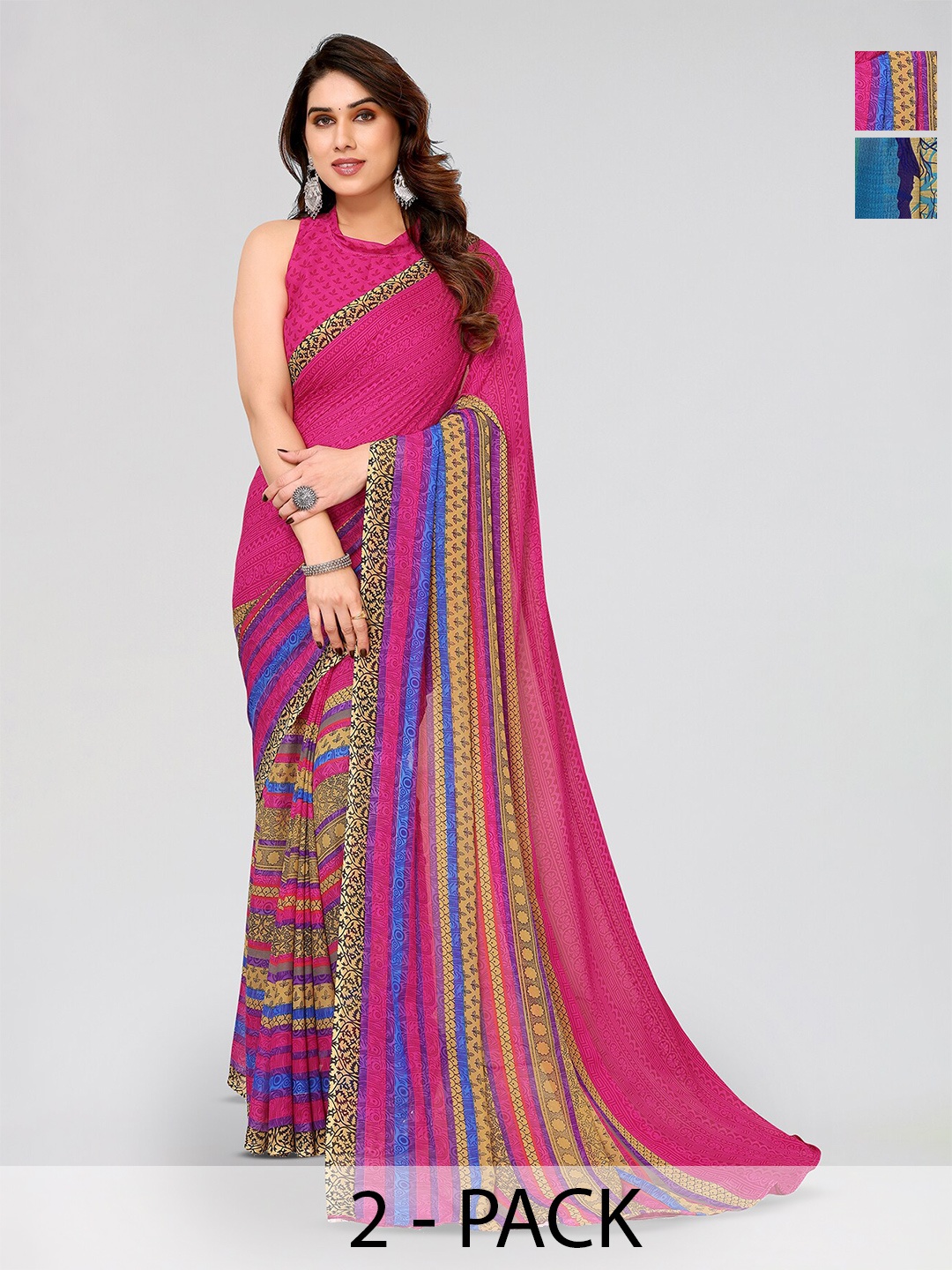 

ANAND SAREES Selection of 2 Striped Printed Sarees, Blue