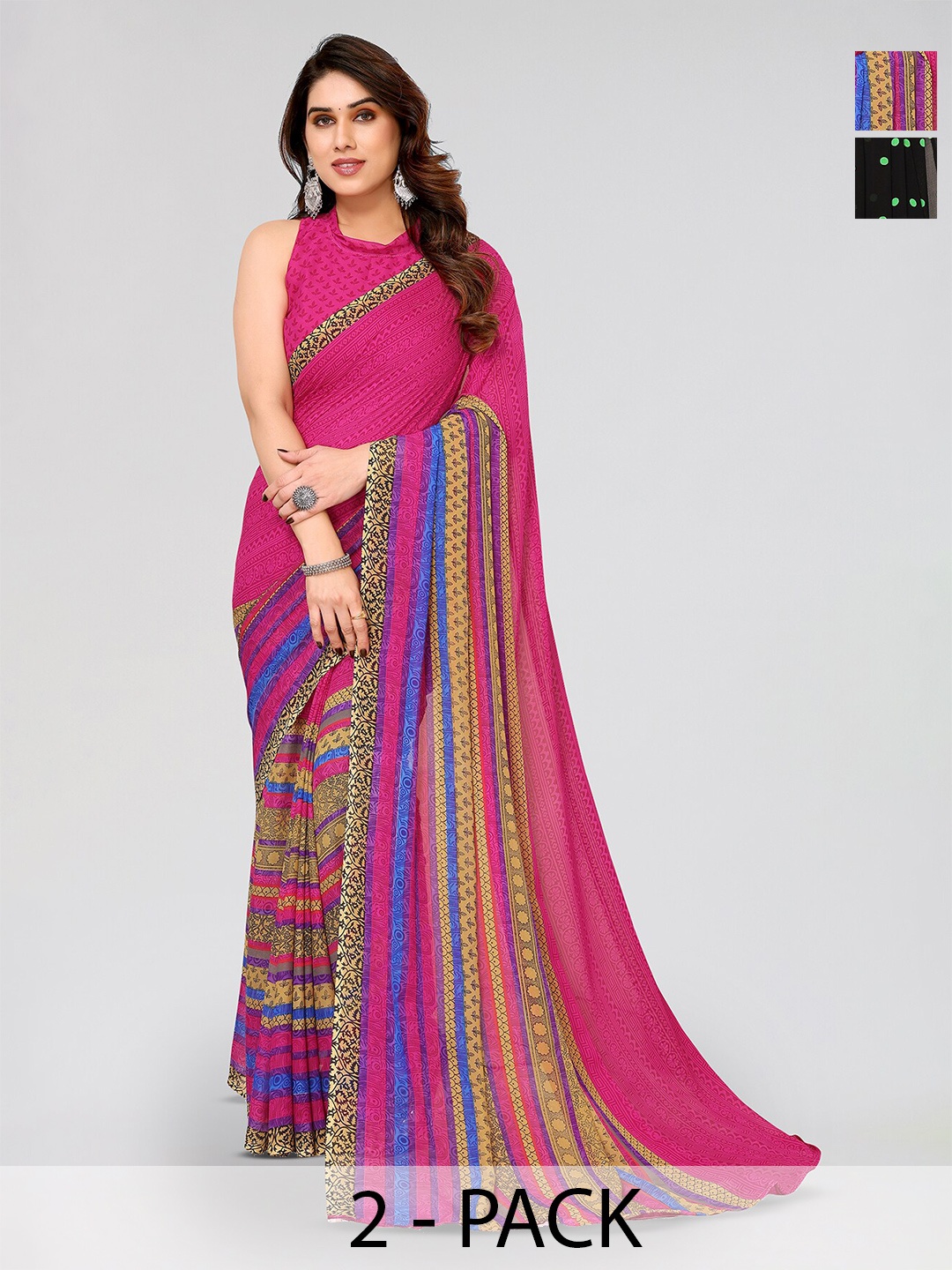 

ANAND SAREES Selection of 2 Polka Dot Printed Saree, Pink