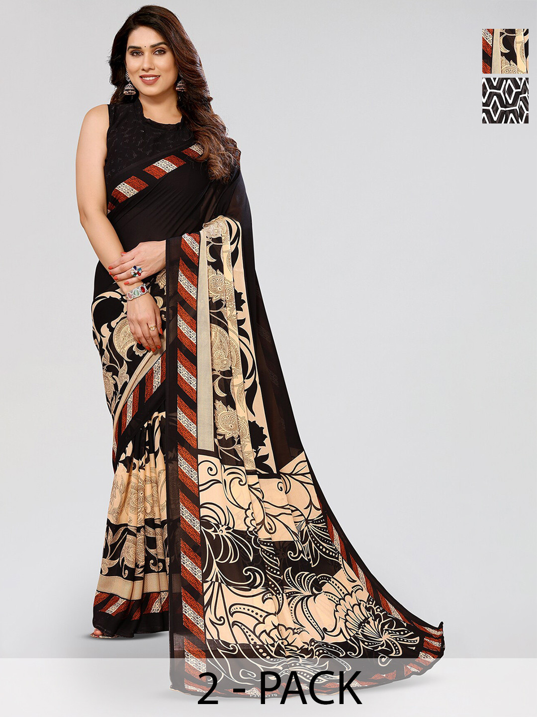 

ANAND SAREES Selection Of 2 Floral Printed Saree, Black