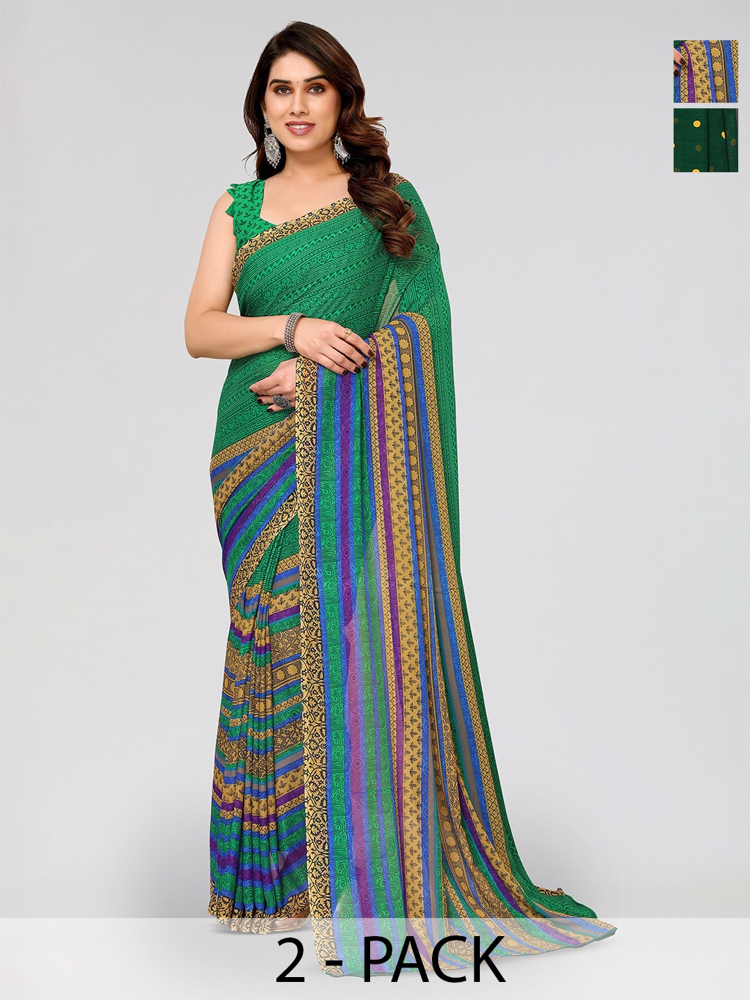 

ANAND SAREES Selection Of 2 Printed Sarees, Green