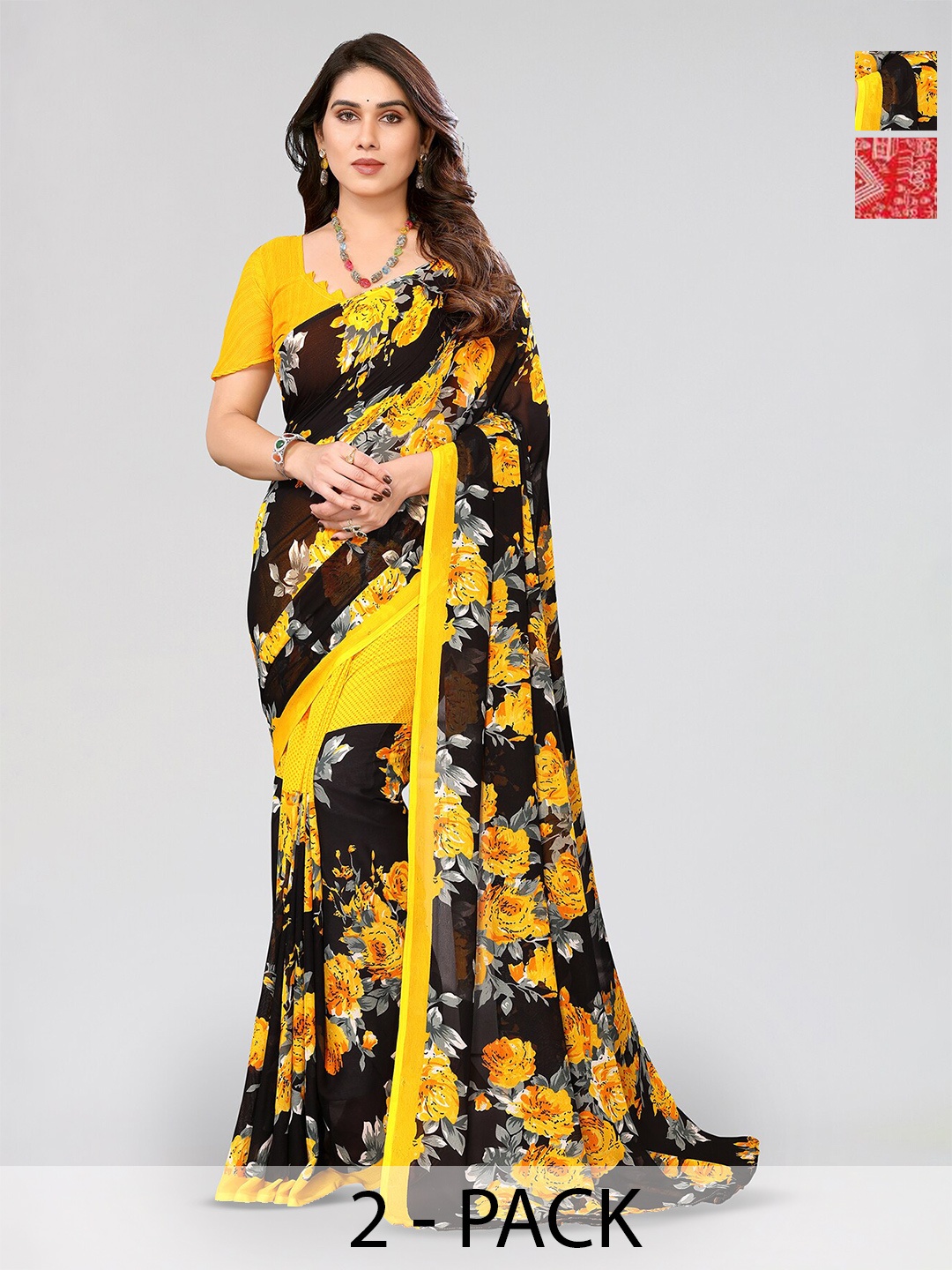 

ANAND SAREES Selection Of 2 Floral Printed Sarees, Red