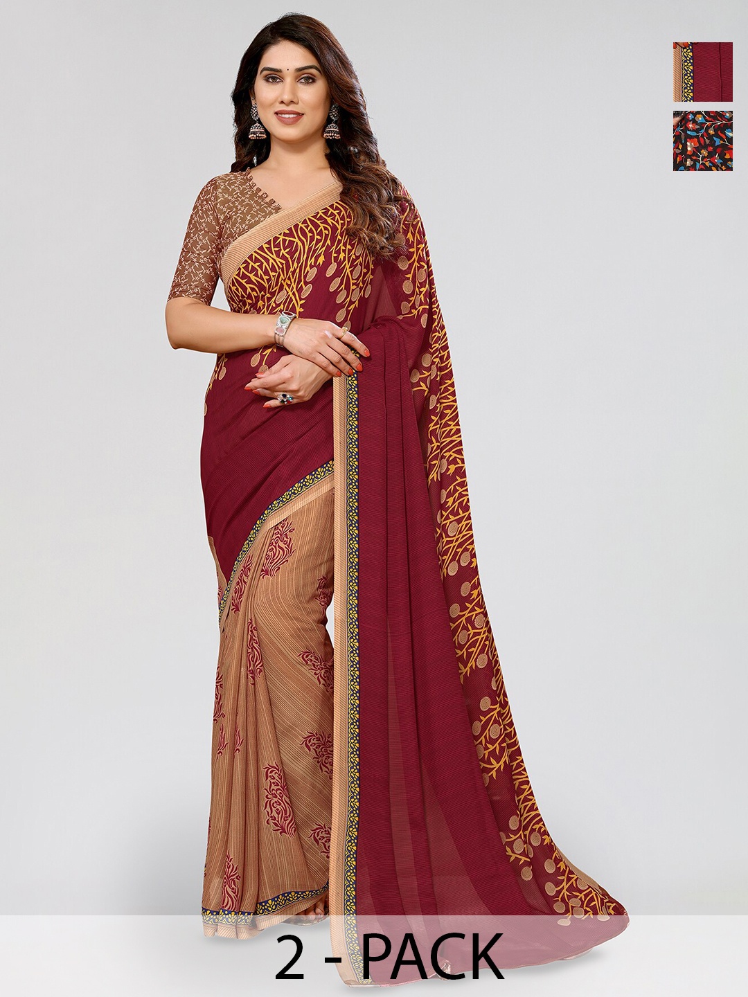 

ANAND SAREES Selection Of 2 Floral Printed Saree, Red