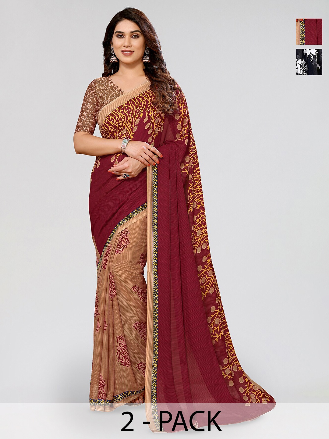 

ANAND SAREES Selection Of 2 Ethnic Motifs Printed Georgette Saree, Maroon