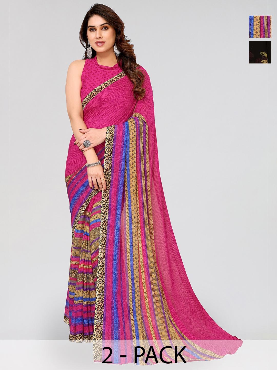 

ANAND SAREES Selection of 2 Floral Printed Sarees, Pink