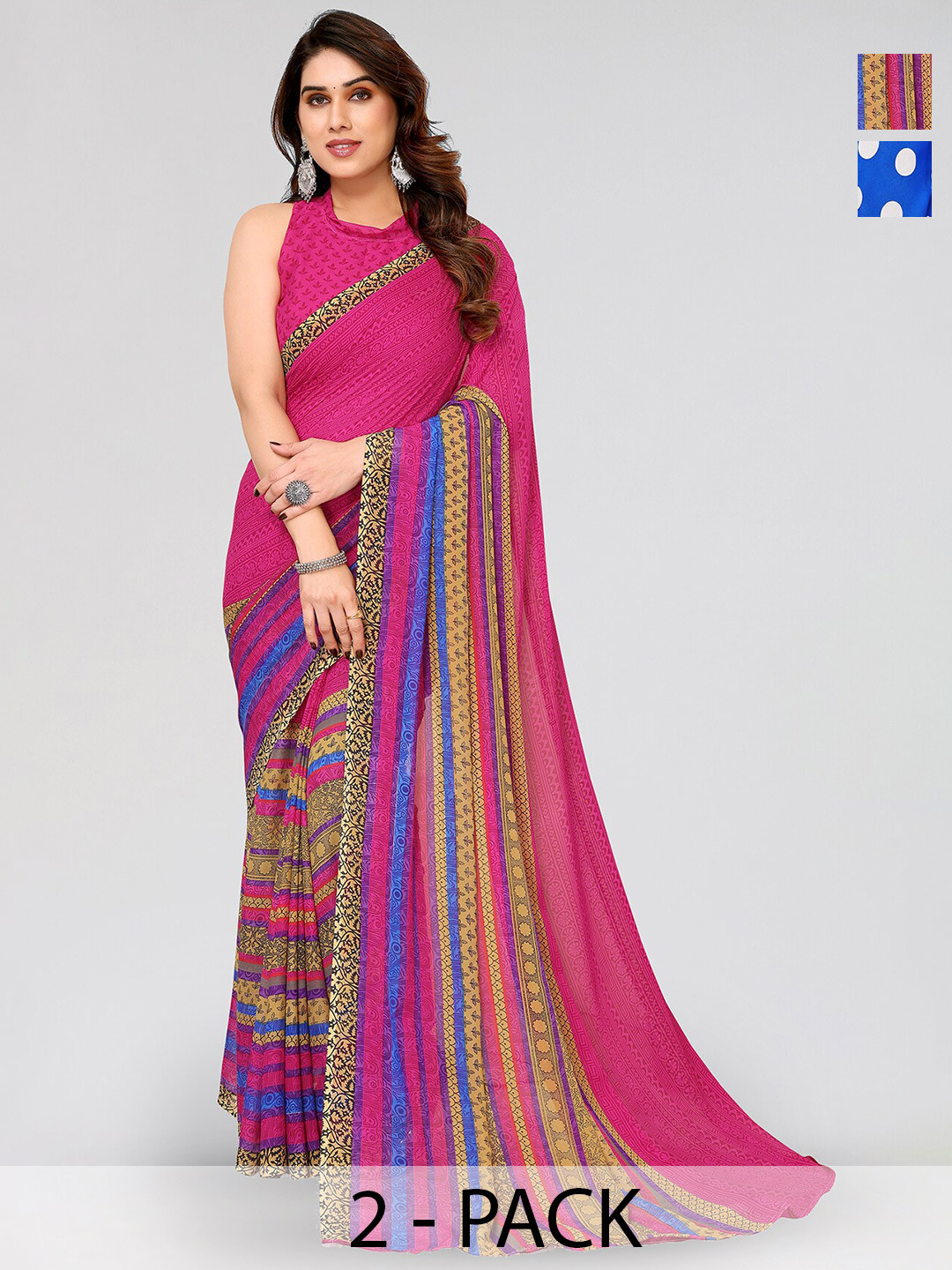

ANAND SAREES Selection Of 2 Striped Printed Sarees, Blue