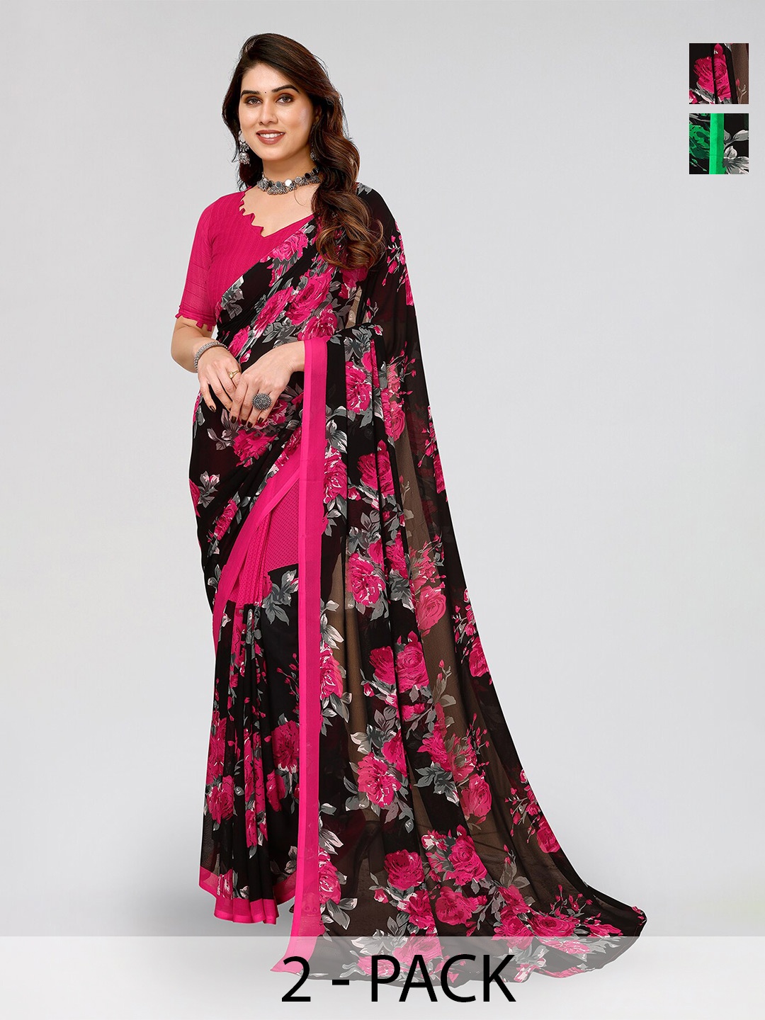 

ANAND SAREES Selection Of 2 Floral Printed Sarees, Green