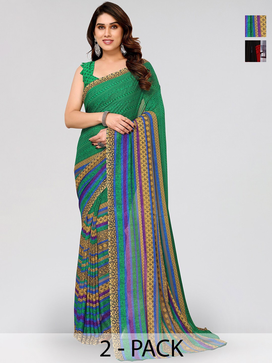 

ANAND SAREES Selection Of 2 Floral Printed Sarees, Green