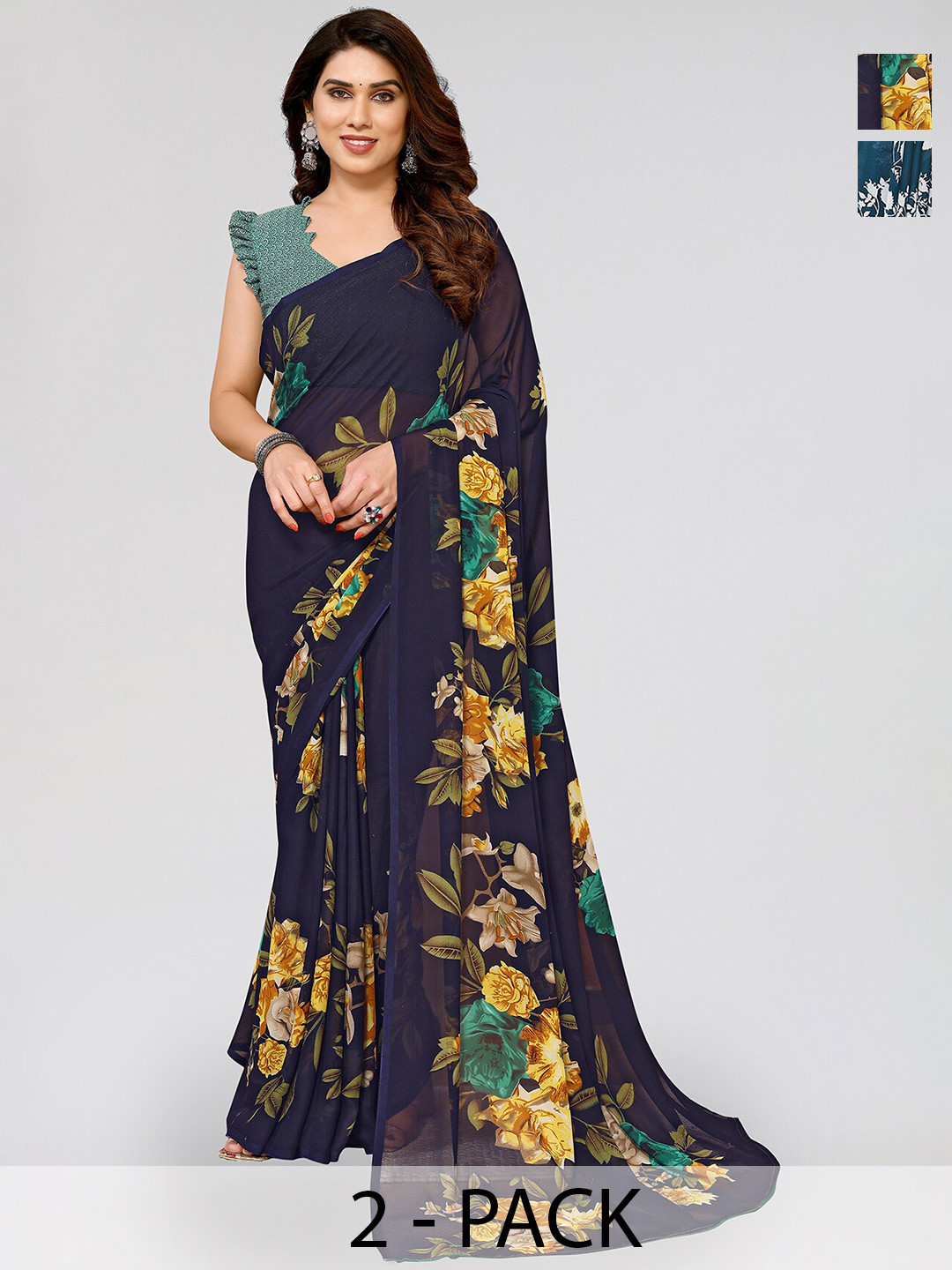

ANAND SAREES Selection Of 2 Floral Printed Georgette Saree, Navy blue