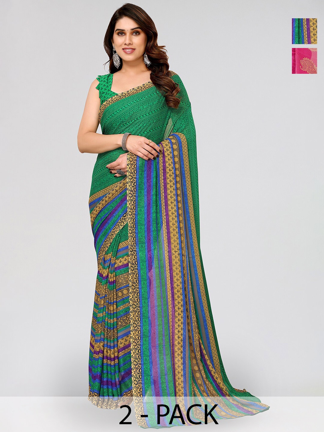 

ANAND SAREES Selection of 2 Floral Printed Sarees, Green