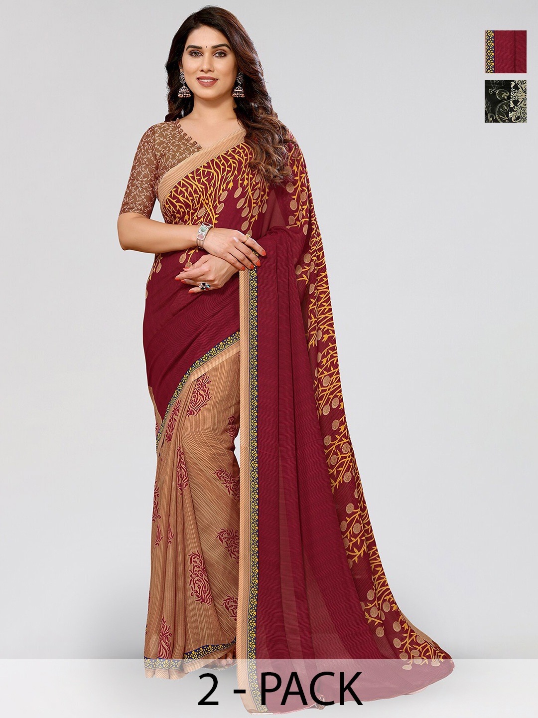 

ANAND SAREES Selection Of 2 Floral Printed Sarees, Red