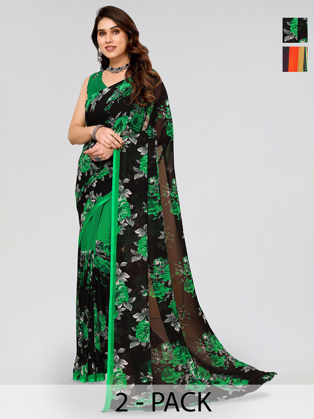 

ANAND SAREES Selection of 2 Floral Printed Saree, Green