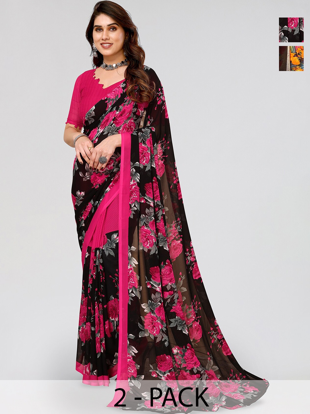 

ANAND SAREES Selection of 2 Floral Printed Sarees, Black