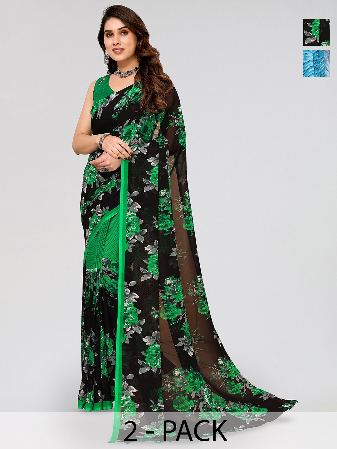 

ANAND SAREES Selection Of 2 Floral Printed Sarees, Green