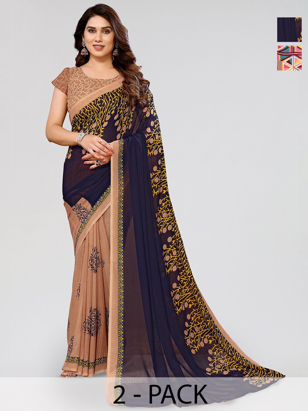 

ANAND SAREES Selection Of 2 Ethnic Motifs Printed Saree, Brown
