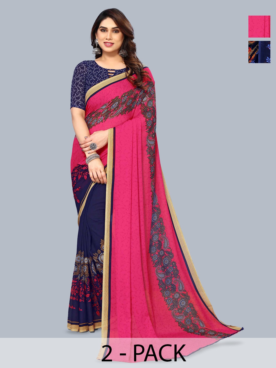 

ANAND SAREES Selection Of 2 Floral Printed Sarees, Blue