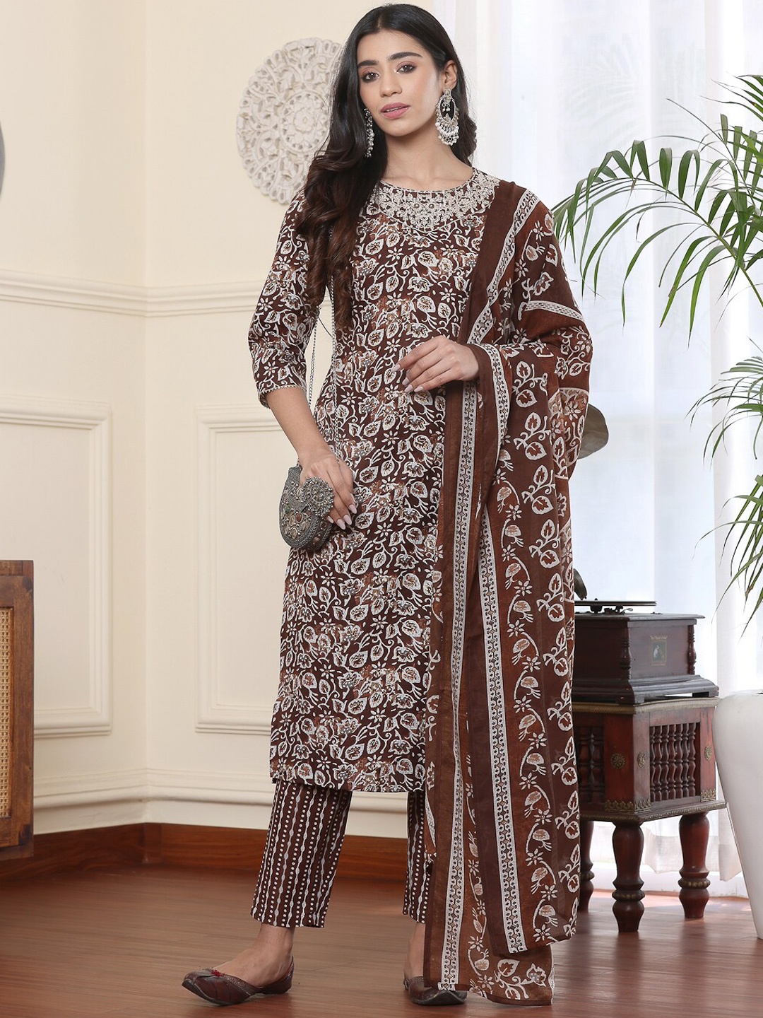 

Haute and Humble Floral Embroidered Mirror Work Pure Cotton Kurta With Trousers & Dupatta, Brown