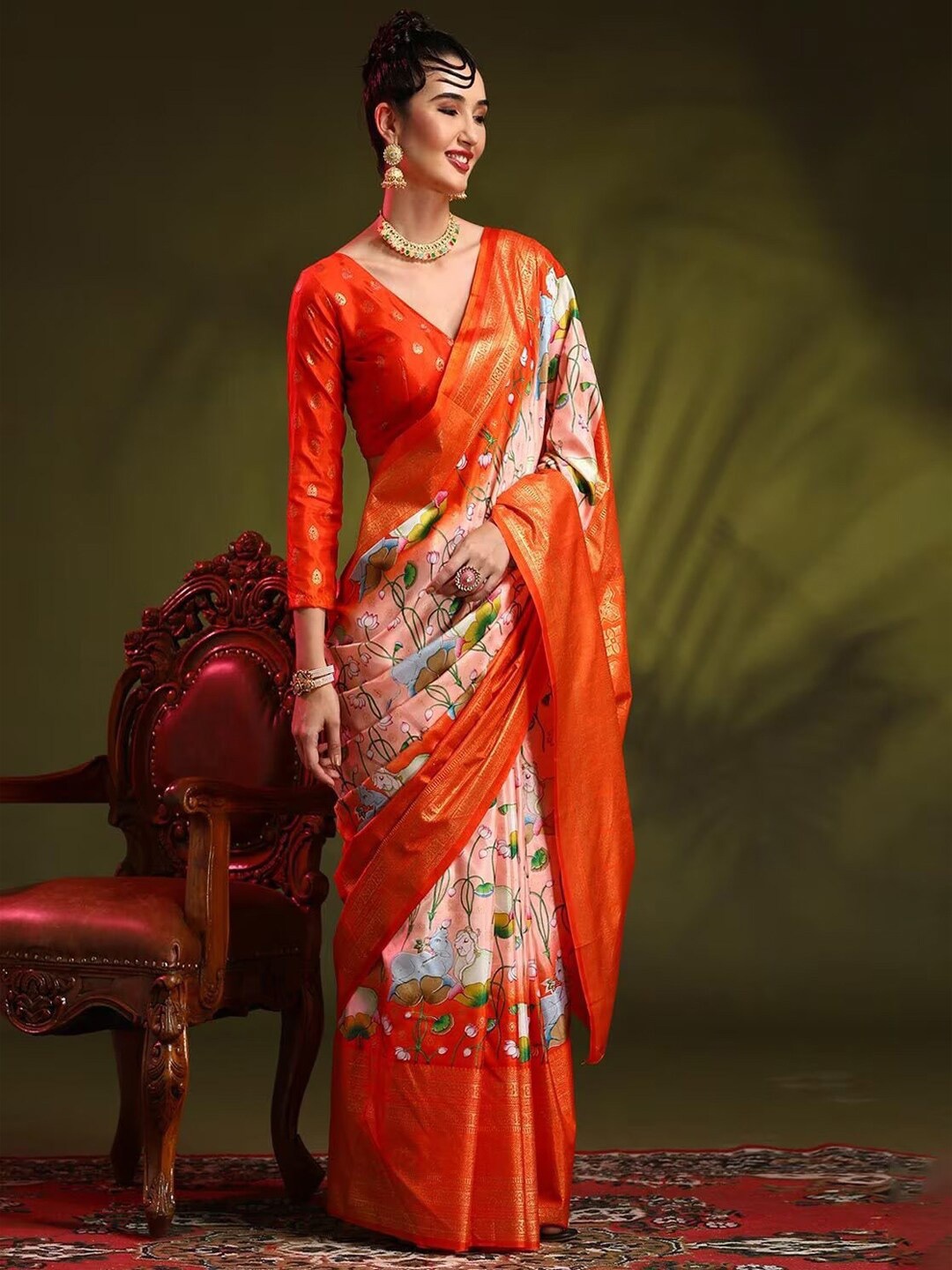

Sadika Kalamkari Zari Bhagalpuri Saree, Orange